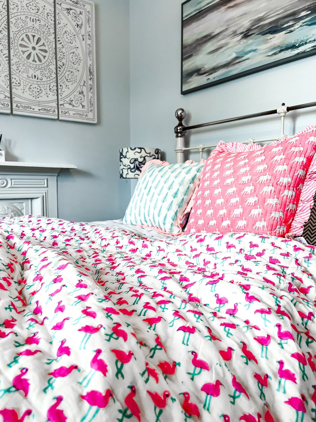 Handmade Scallop Standard Quilt | Pink Flamingo - Bombaby