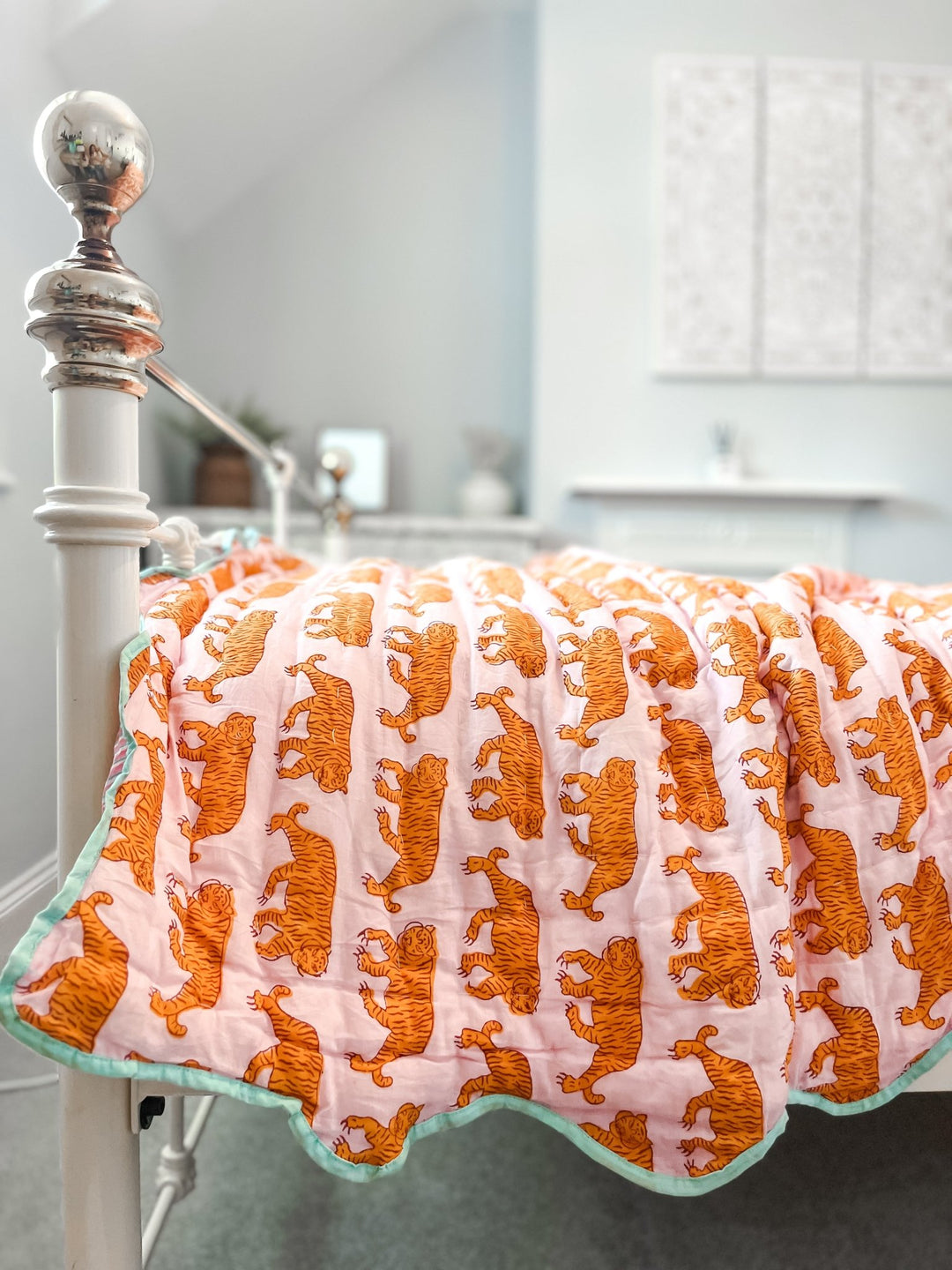 Handmade Scallop Standard Quilt | Pink Indian Tiger - Bombaby