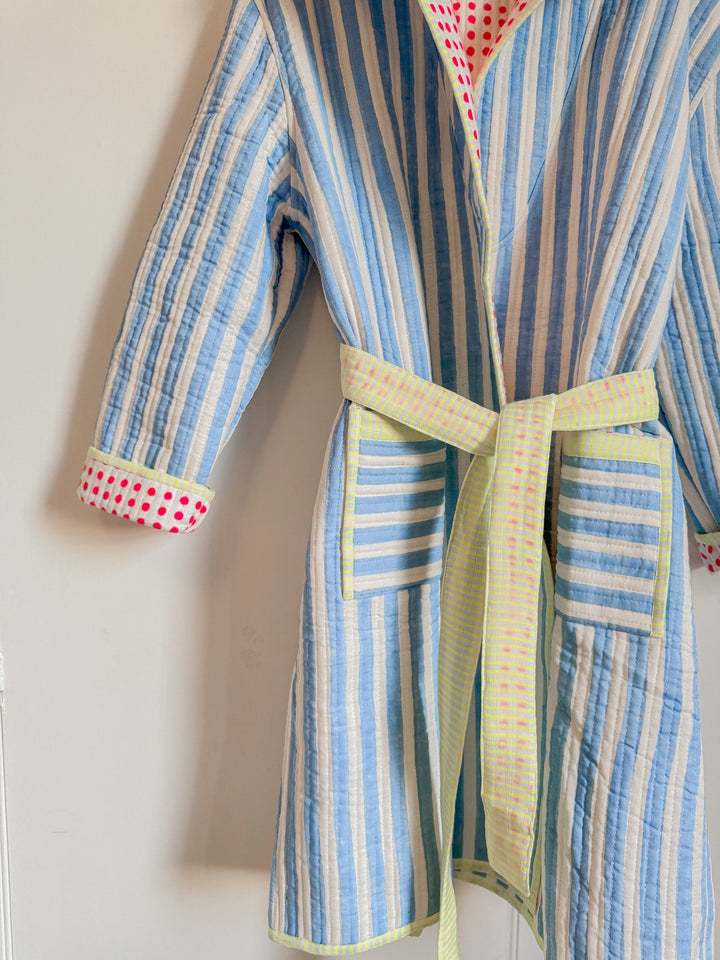 Luxury Quilted Dressing Gown | Cornflower Blue Stripe - Bombaby