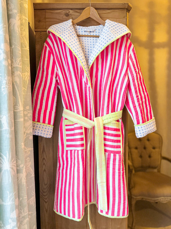 Luxury Quilted Dressing Gown | Neon Pink Stripe - Bombaby