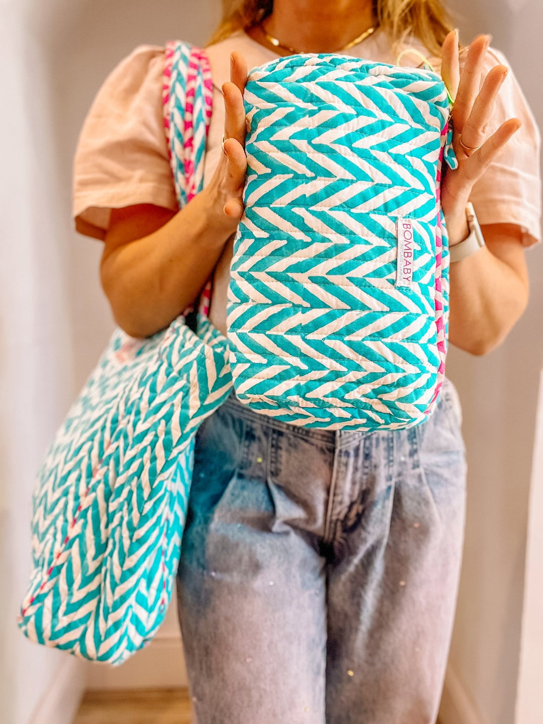 Malibu Blue | Handmade Block Print Quilted Wash Bag - Bombaby