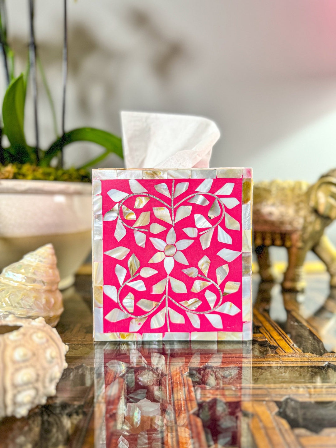 Mother of Pearl Inlay Tissue Box | Barbie Pink - Bombaby