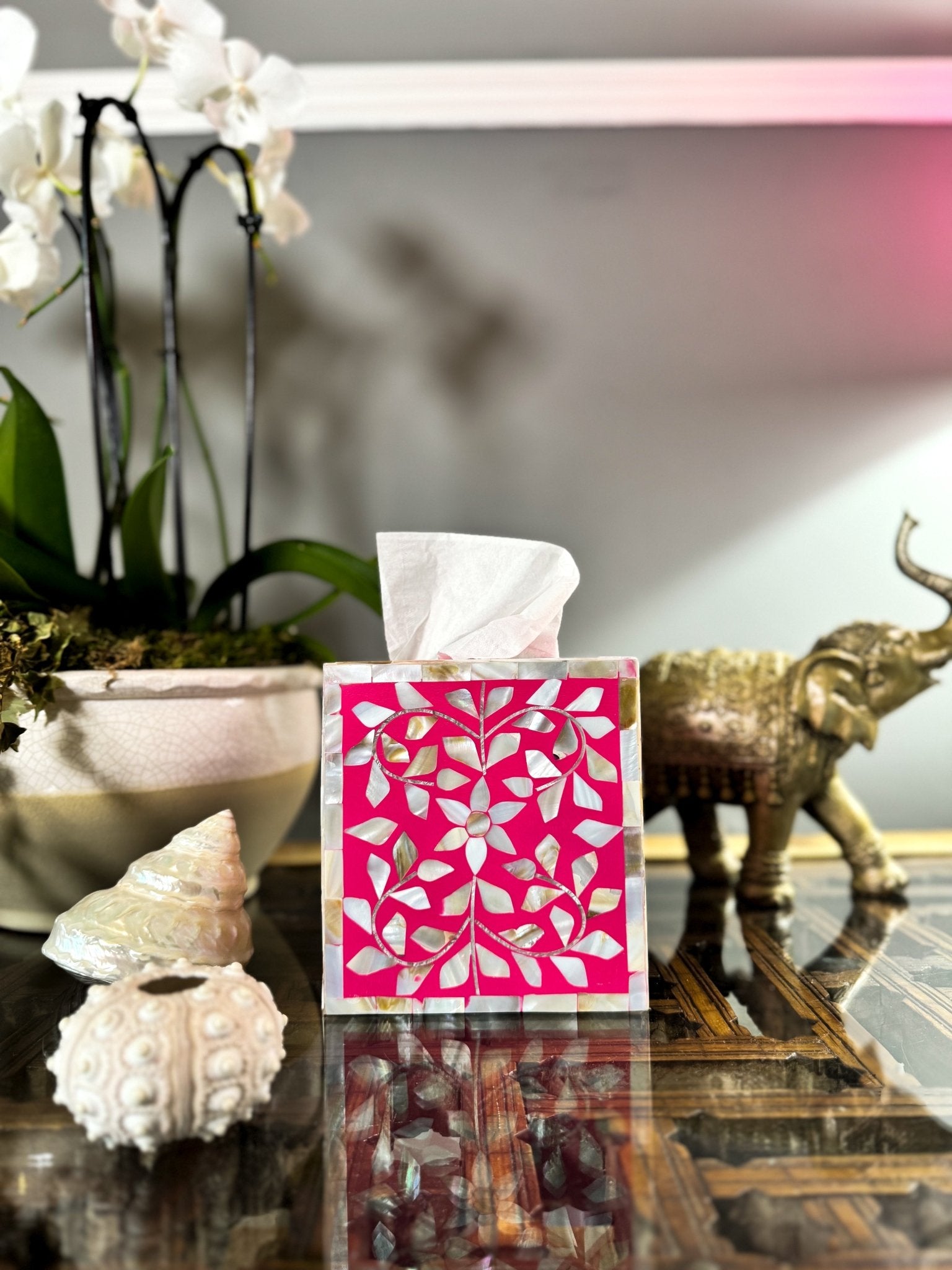 Mother of Pearl Inlay Tissue Box | Barbie Pink - Bombaby