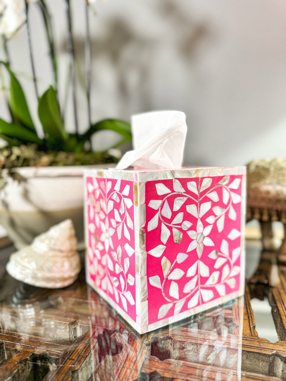 Mother of Pearl Inlay Tissue Box | Barbie Pink - Bombaby