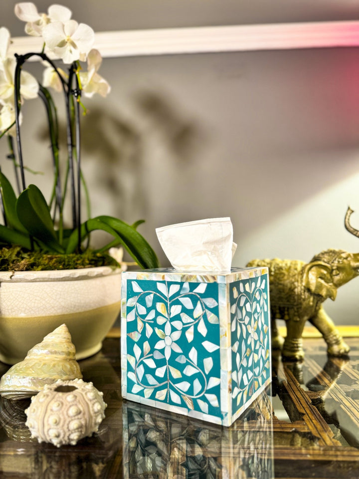 Mother of Pearl Inlay Tissue Box | Jewelled Aqua - Bombaby