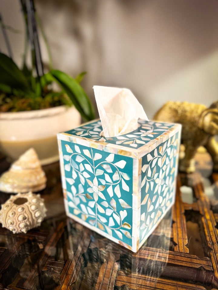 Mother of Pearl Inlay Tissue Box | Jewelled Aqua - Bombaby