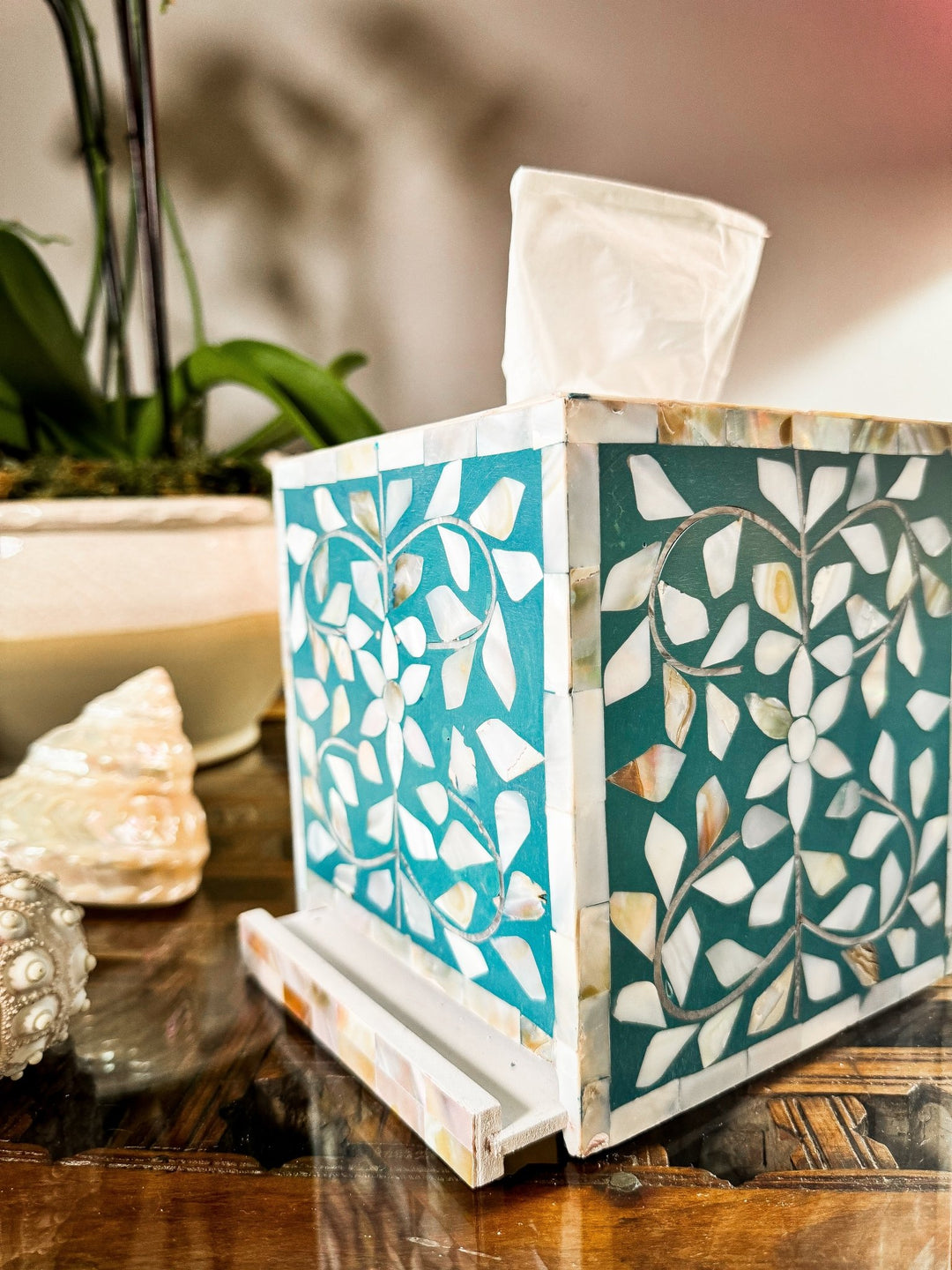 Mother of Pearl Inlay Tissue Box | Jewelled Aqua - Bombaby