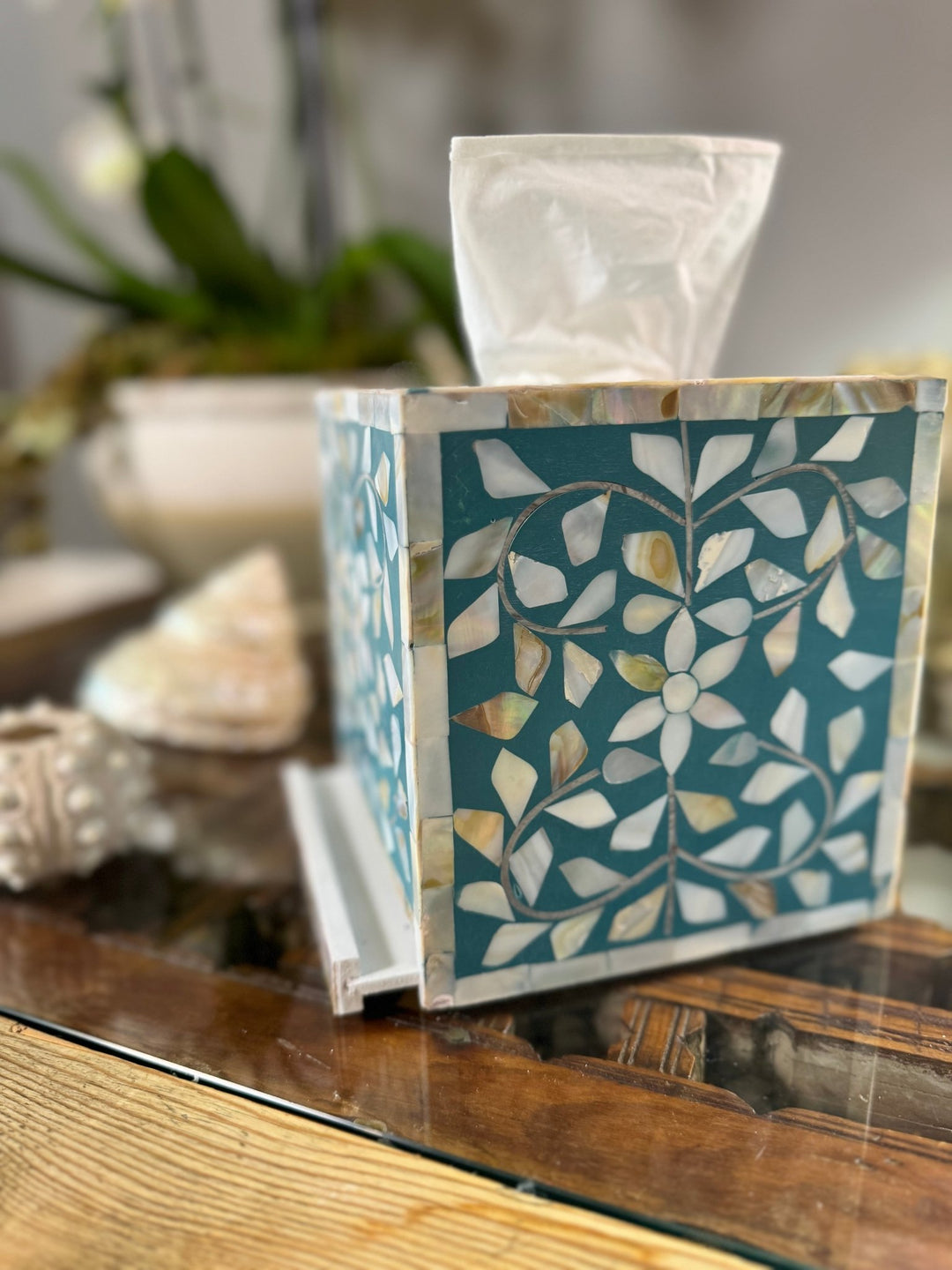 Mother of Pearl Inlay Tissue Box | Jewelled Aqua - Bombaby