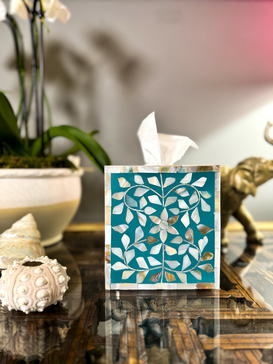 Mother of Pearl Inlay Tissue Box | Jewelled Aqua - Bombaby