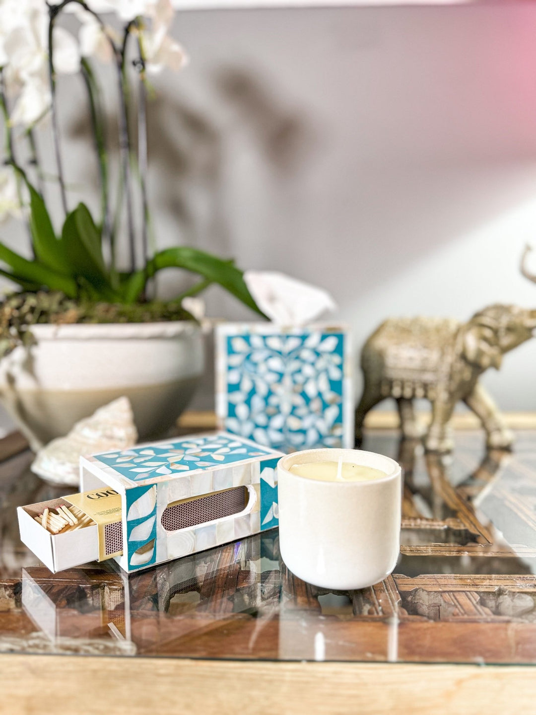 Mother of Pearl Inlay Tissue Box | Jewelled Aqua - Bombaby