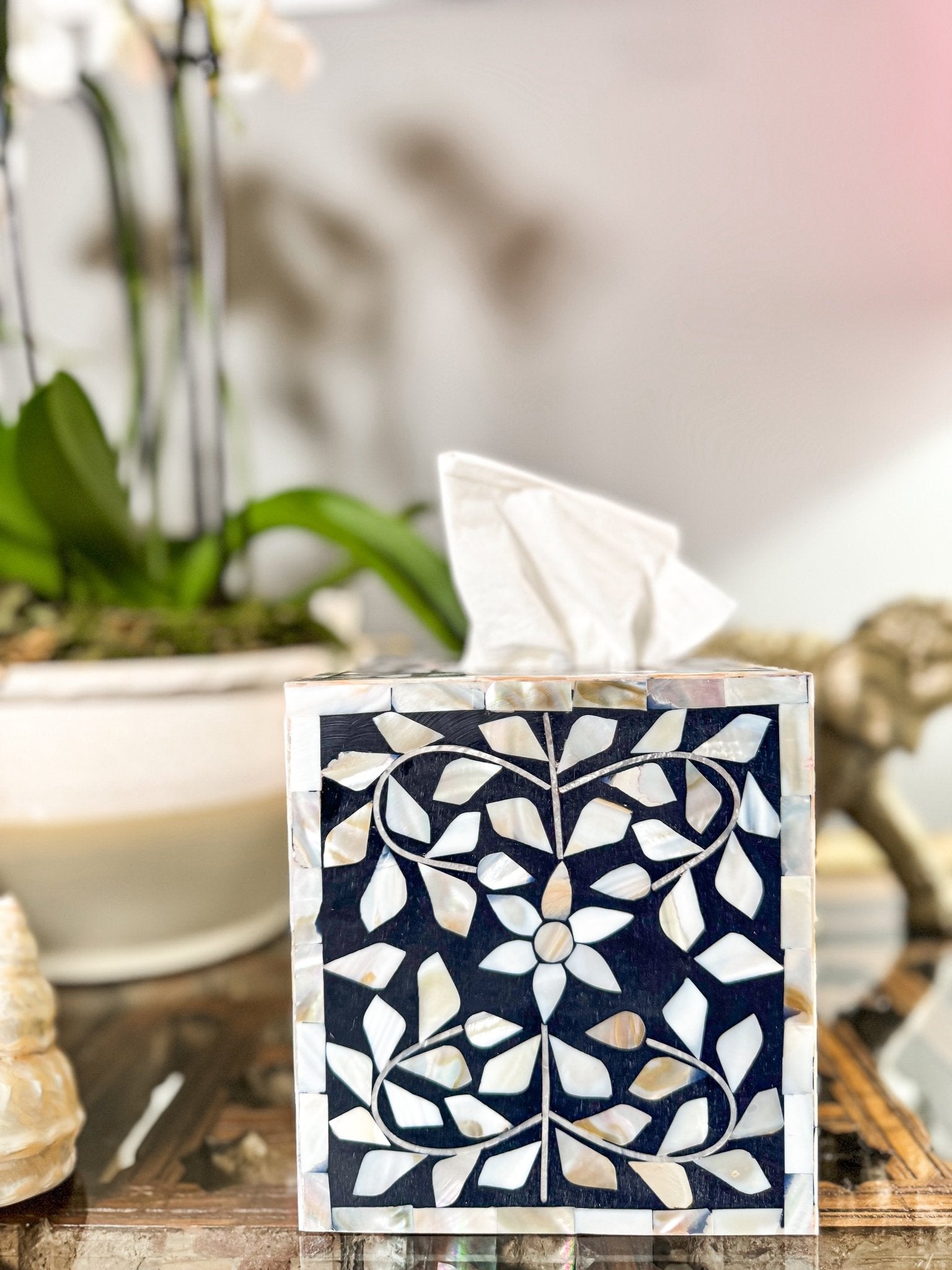 Mother of Pearl Inlay Tissue Box | Midnight Navy - Bombaby