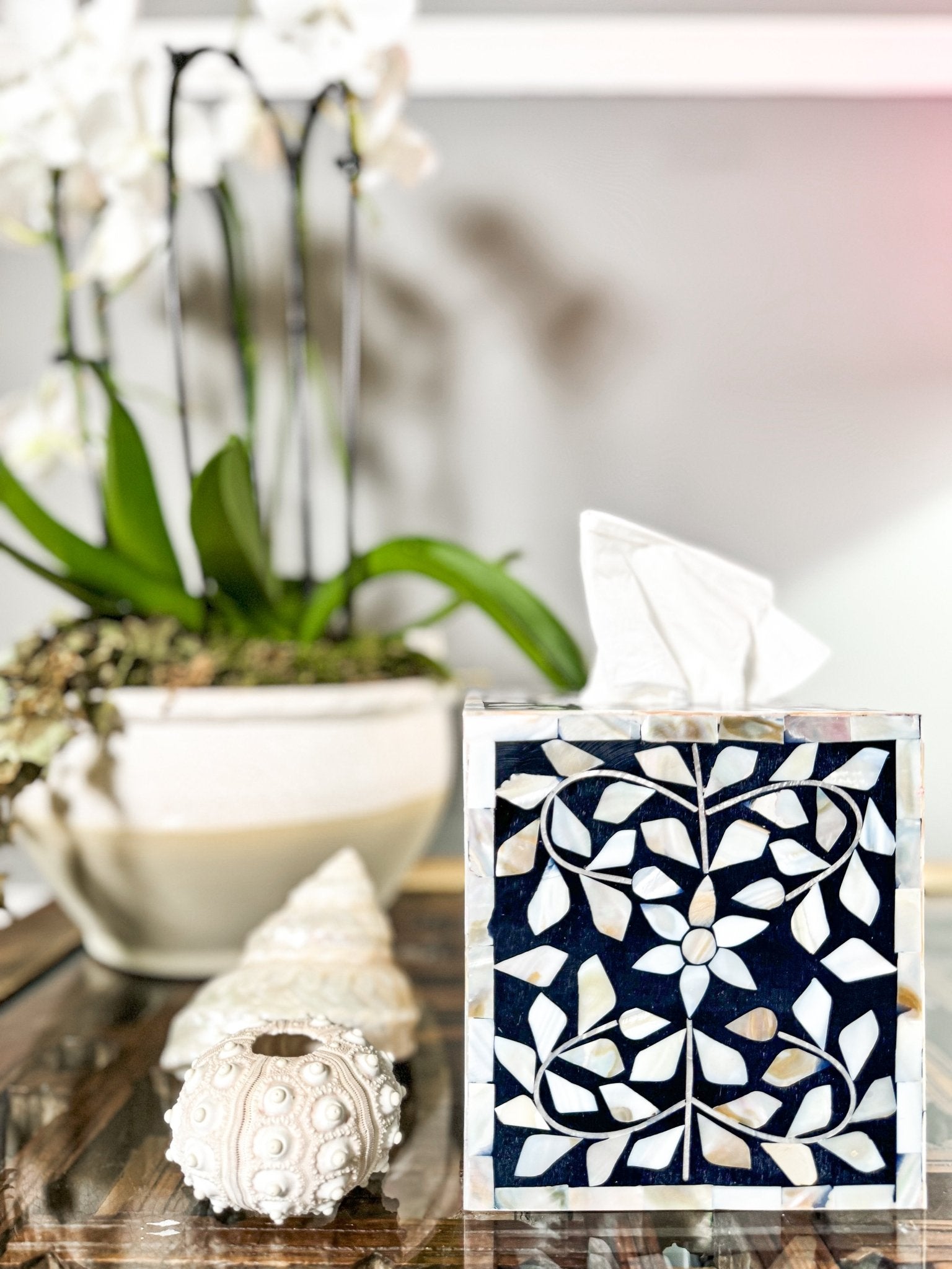 Mother of Pearl Inlay Tissue Box | Midnight Navy - Bombaby