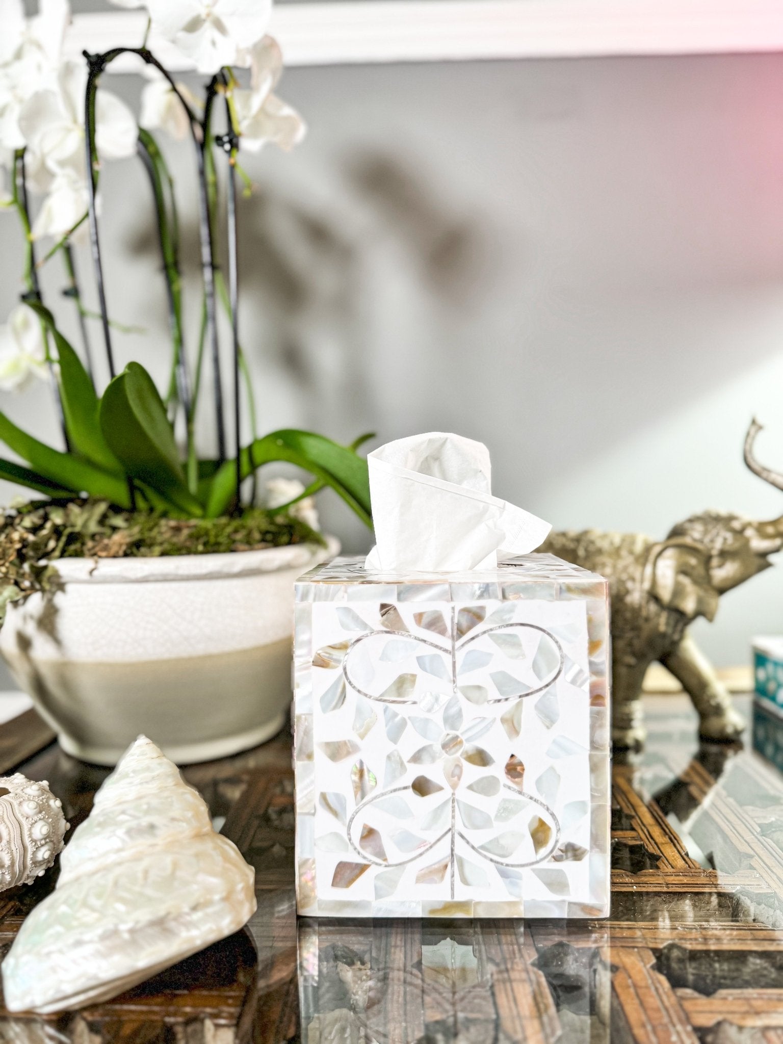 Mother of Pearl Inlay Tissue Box | Sandy Shores - Bombaby