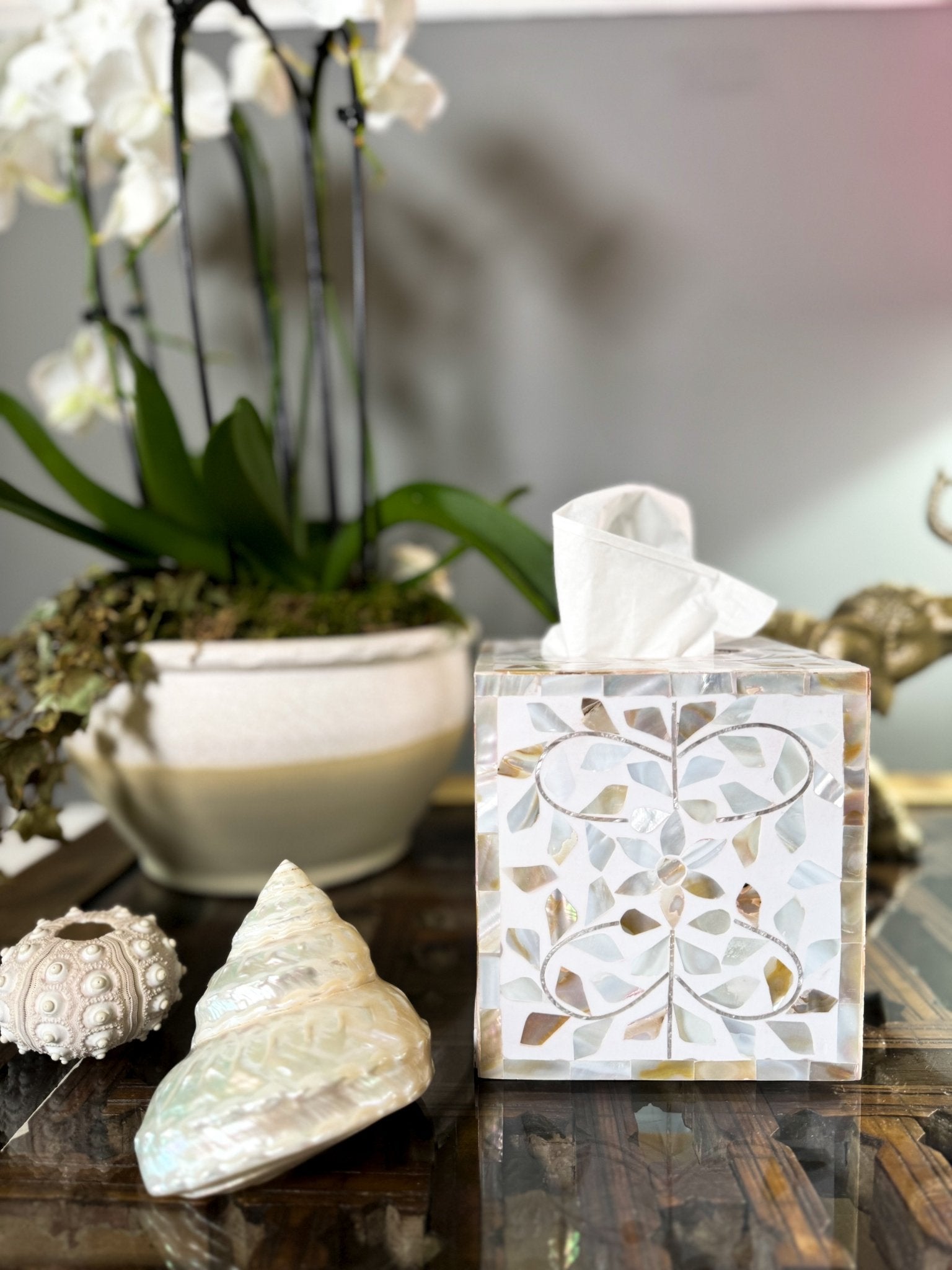 Mother of Pearl Inlay Tissue Box | Sandy Shores - Bombaby