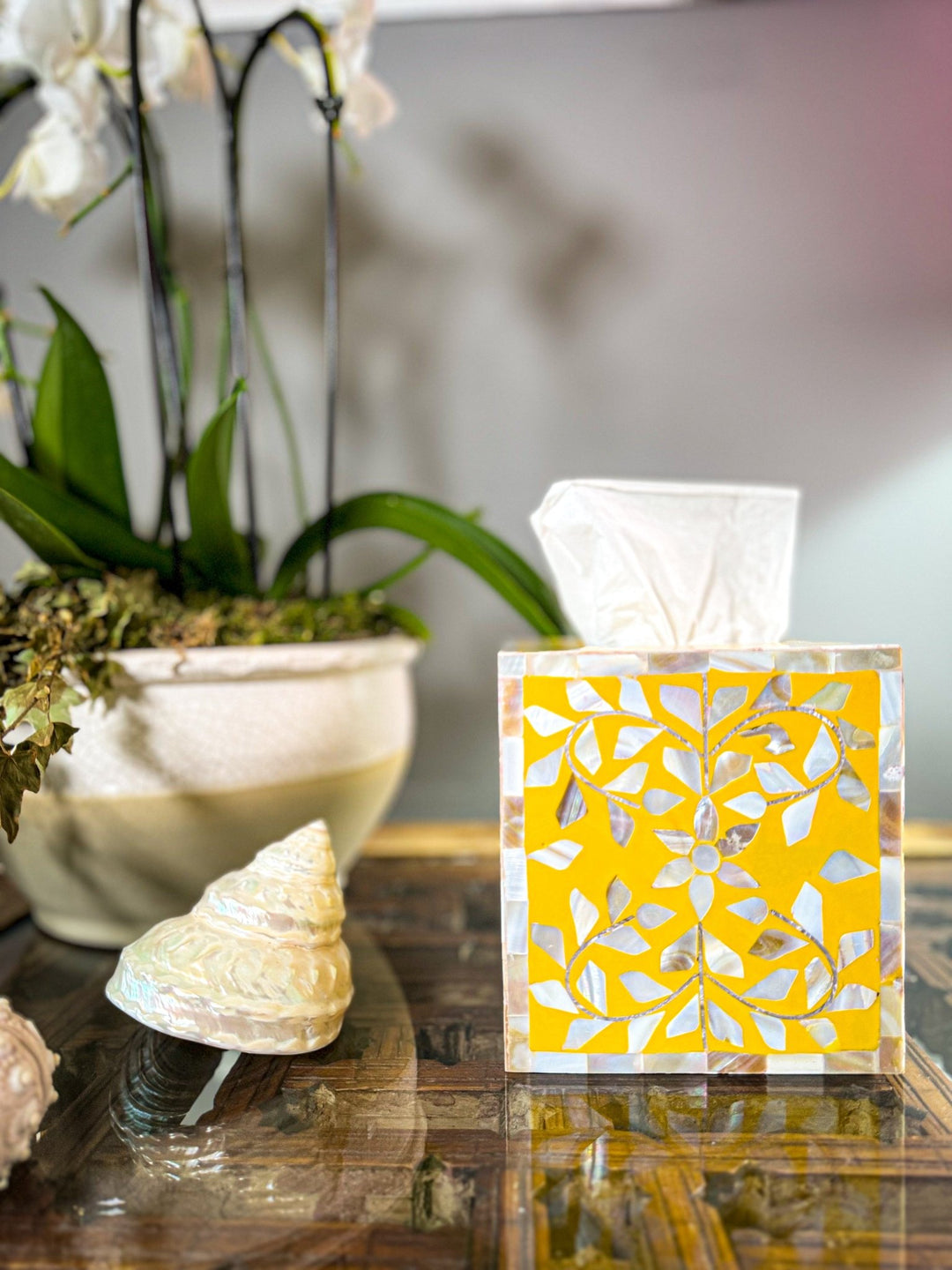 Mother of Pearl Inlay Tissue Box | Sunshine Yellow - Bombaby