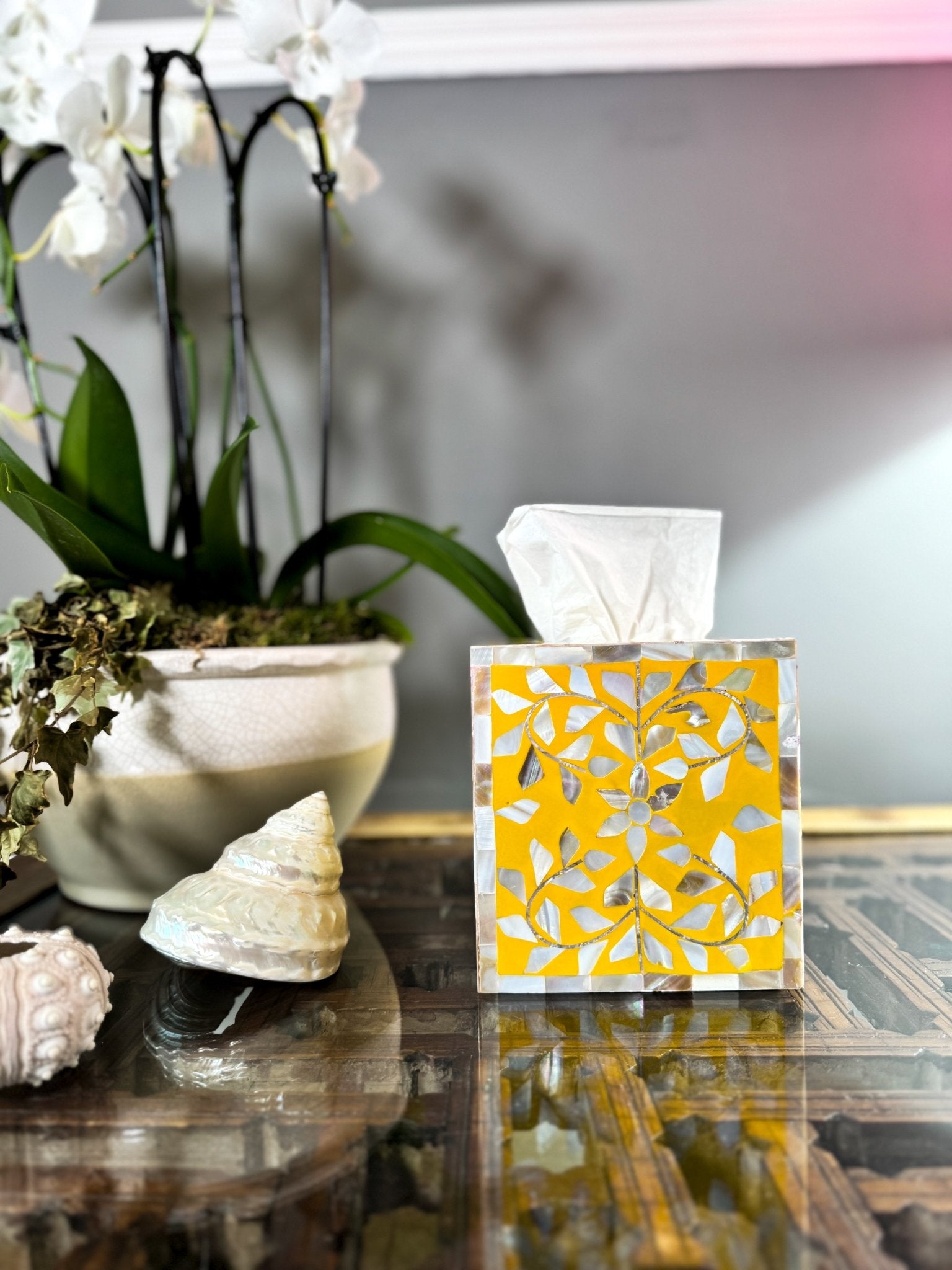 Mother of Pearl Inlay Tissue Box | Sunshine Yellow - Bombaby