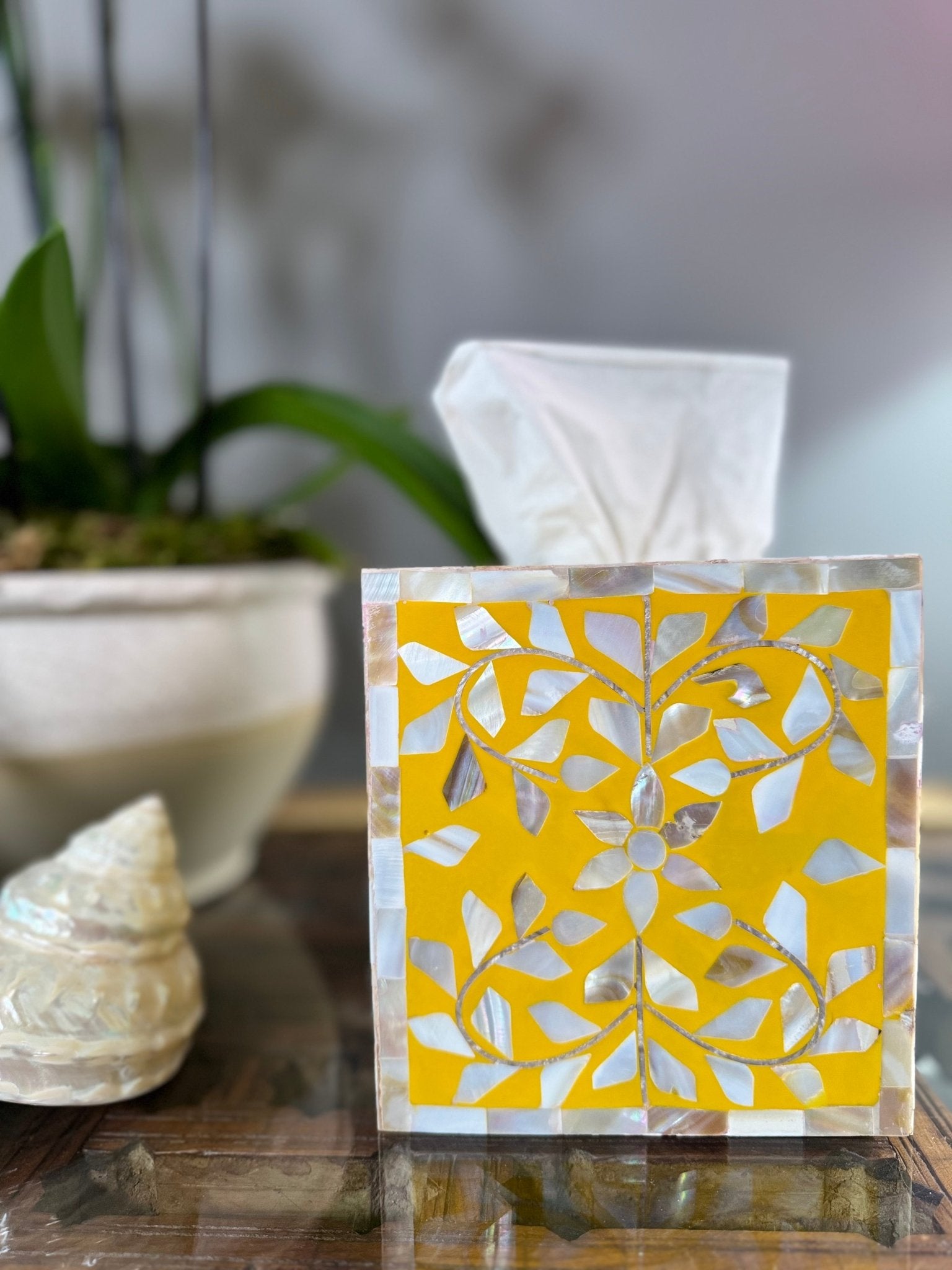 Mother of Pearl Inlay Tissue Box | Sunshine Yellow - Bombaby