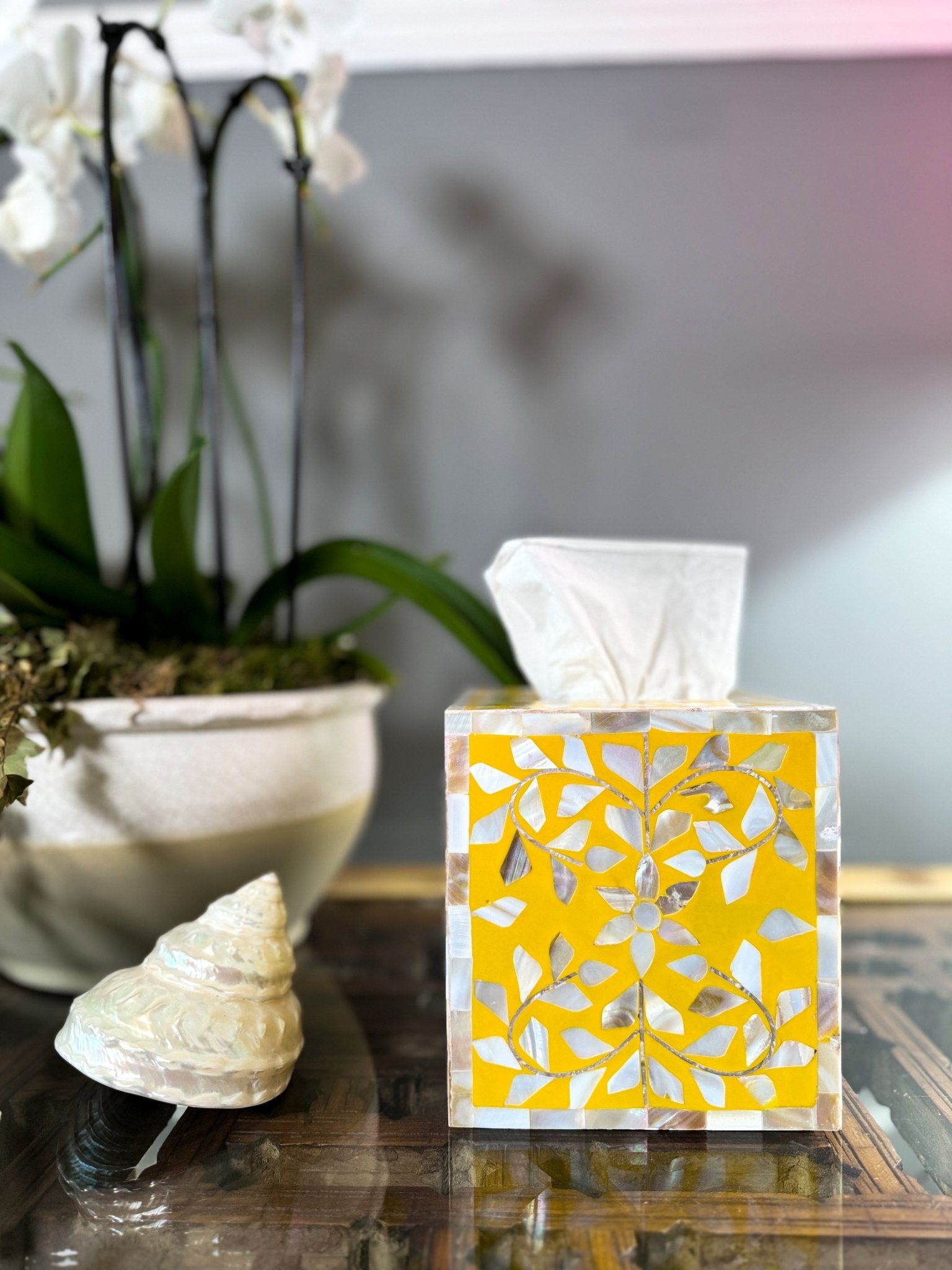 Mother of Pearl Inlay Tissue Box | Sunshine Yellow - Bombaby