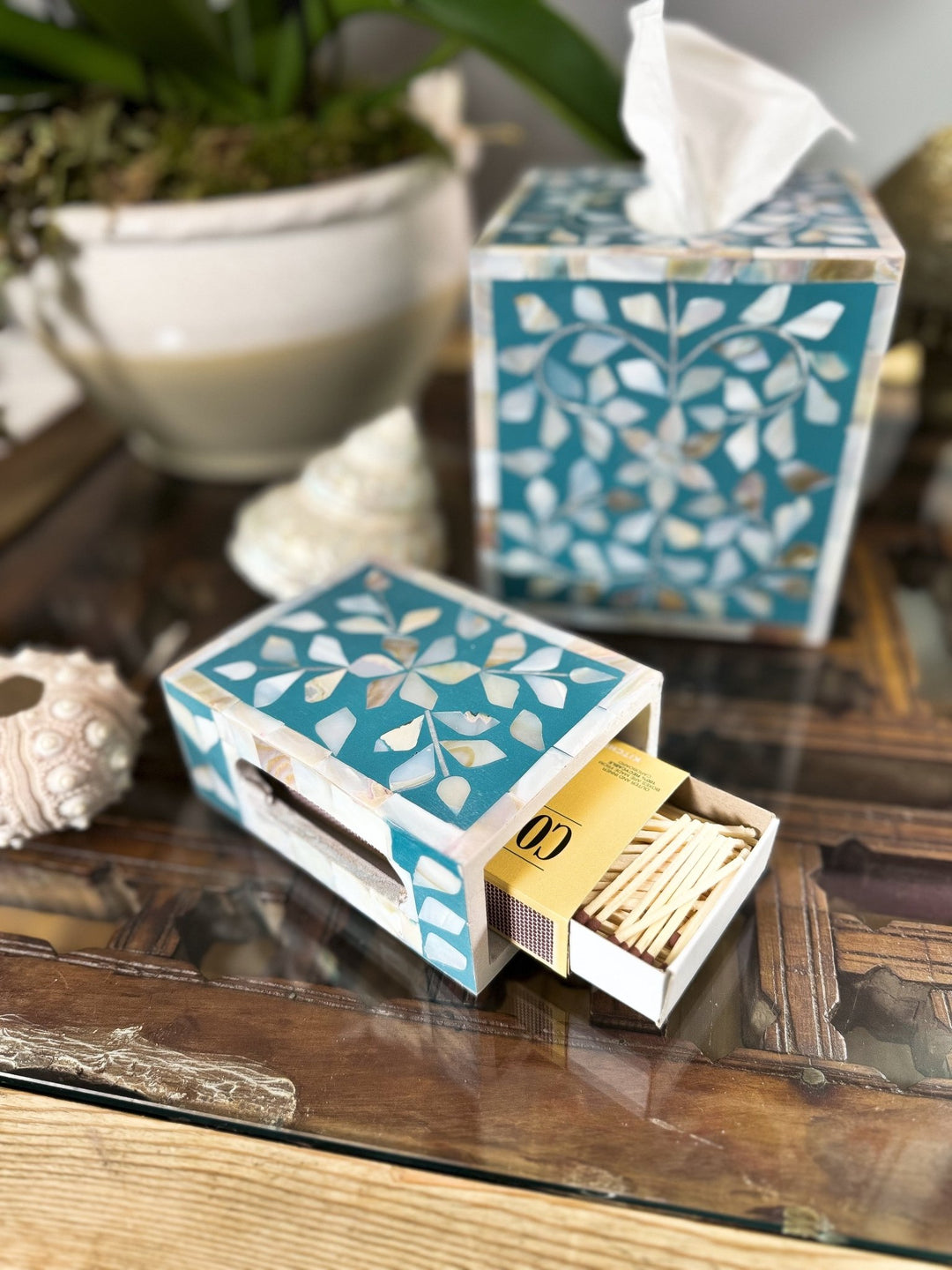 Mother of Pearl Match Box Holder | Jewelled Aqua - Bombaby