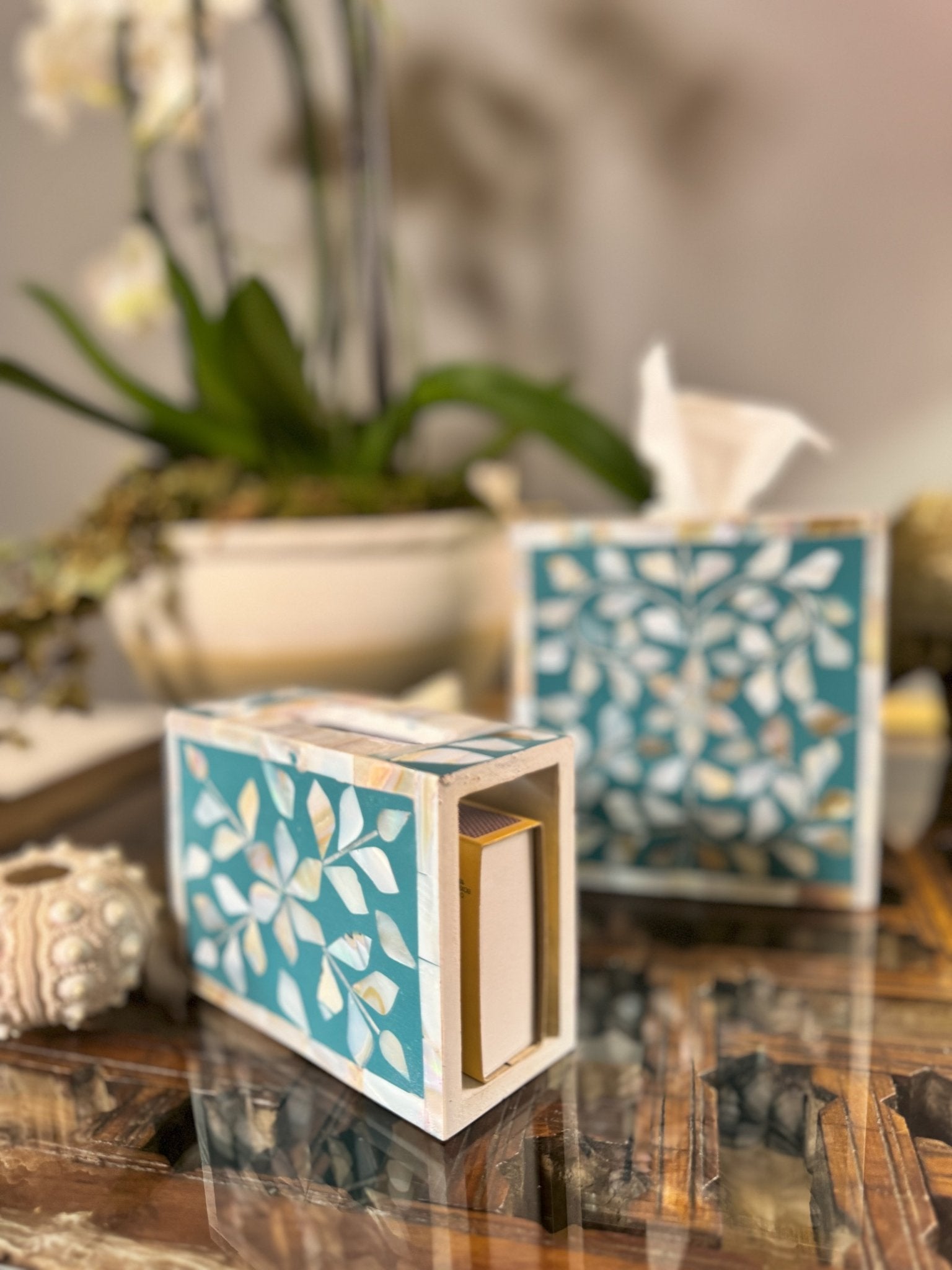 Mother of Pearl Match Box Holder | Jewelled Aqua - Bombaby