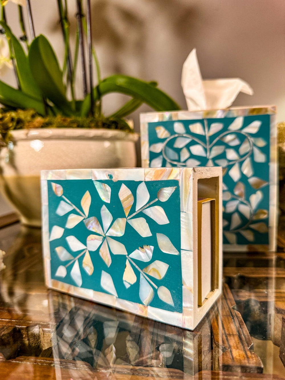 Mother of Pearl Match Box Holder | Jewelled Aqua - Bombaby