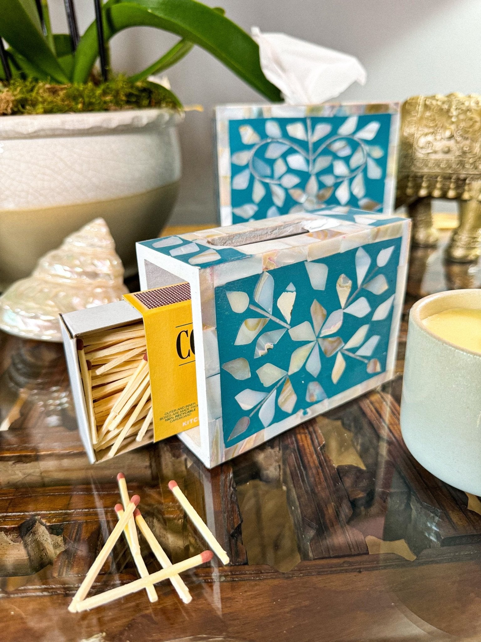 Mother of Pearl Match Box Holder | Jewelled Aqua - Bombaby