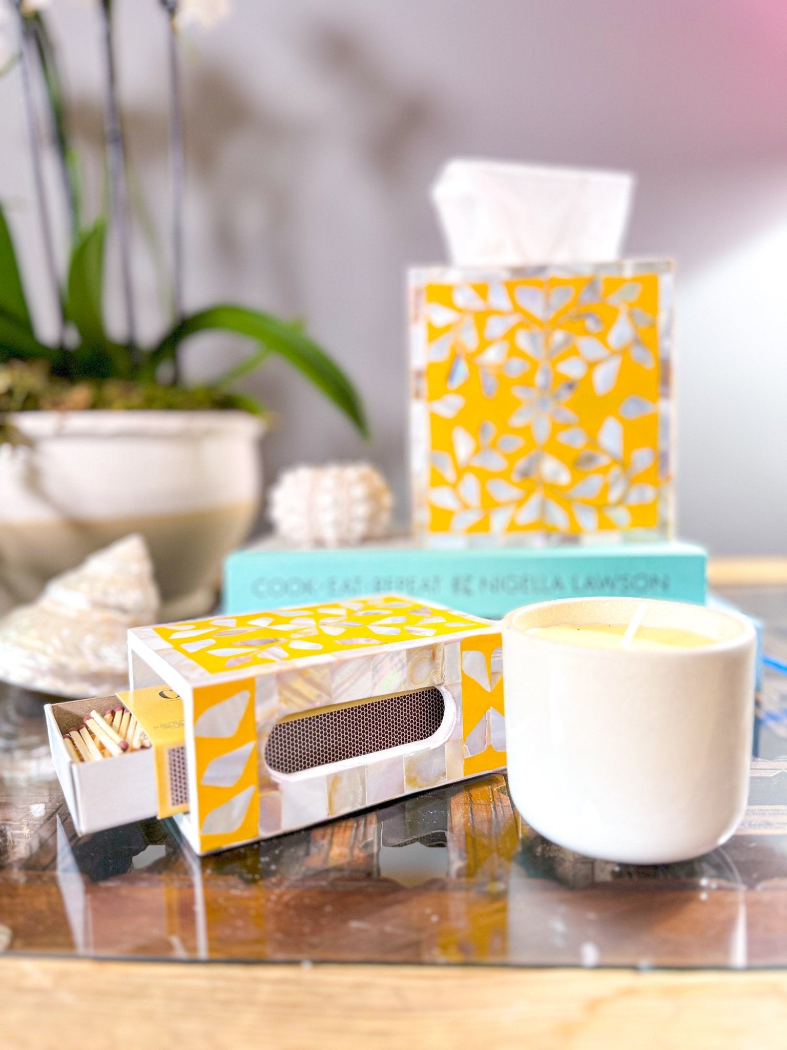 Mother of Pearl Match Box Holder | Sunshine Yellow - Bombaby