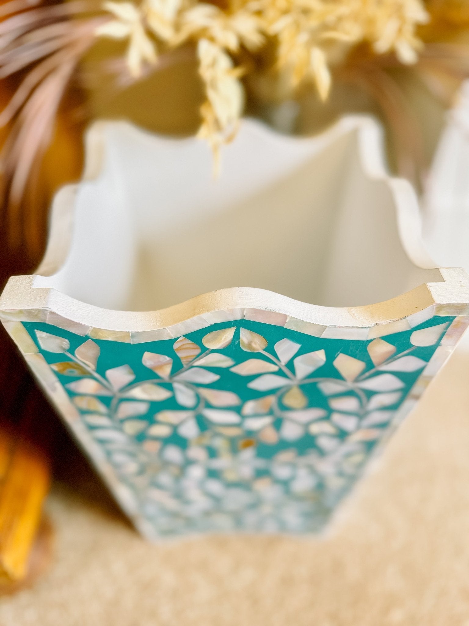 Mother of Pearl Waste Paper Bin | Jewelled Aqua - Bombaby