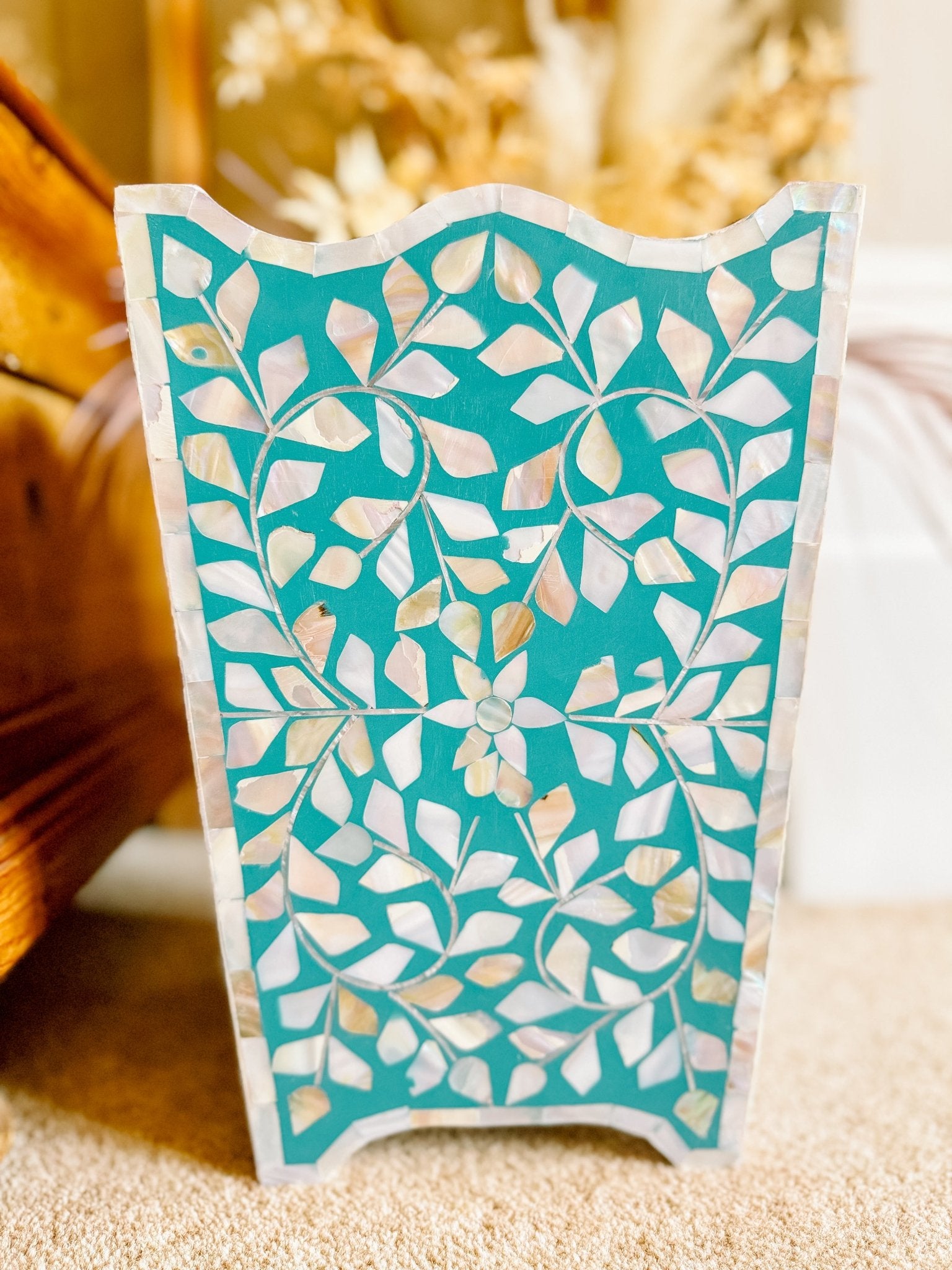 Mother of Pearl Waste Paper Bin | Jewelled Aqua - Bombaby