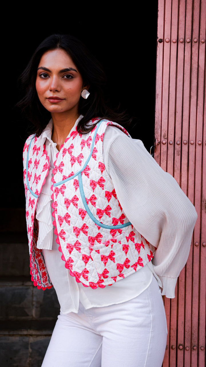 Quilted Waistcoat | Neon Pink Bows - Bombaby