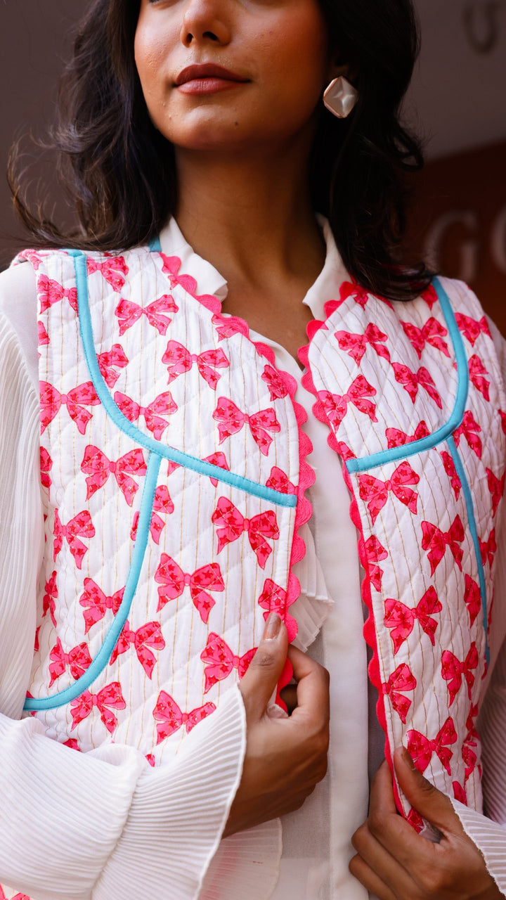 Quilted Waistcoat | Neon Pink Bows - Bombaby