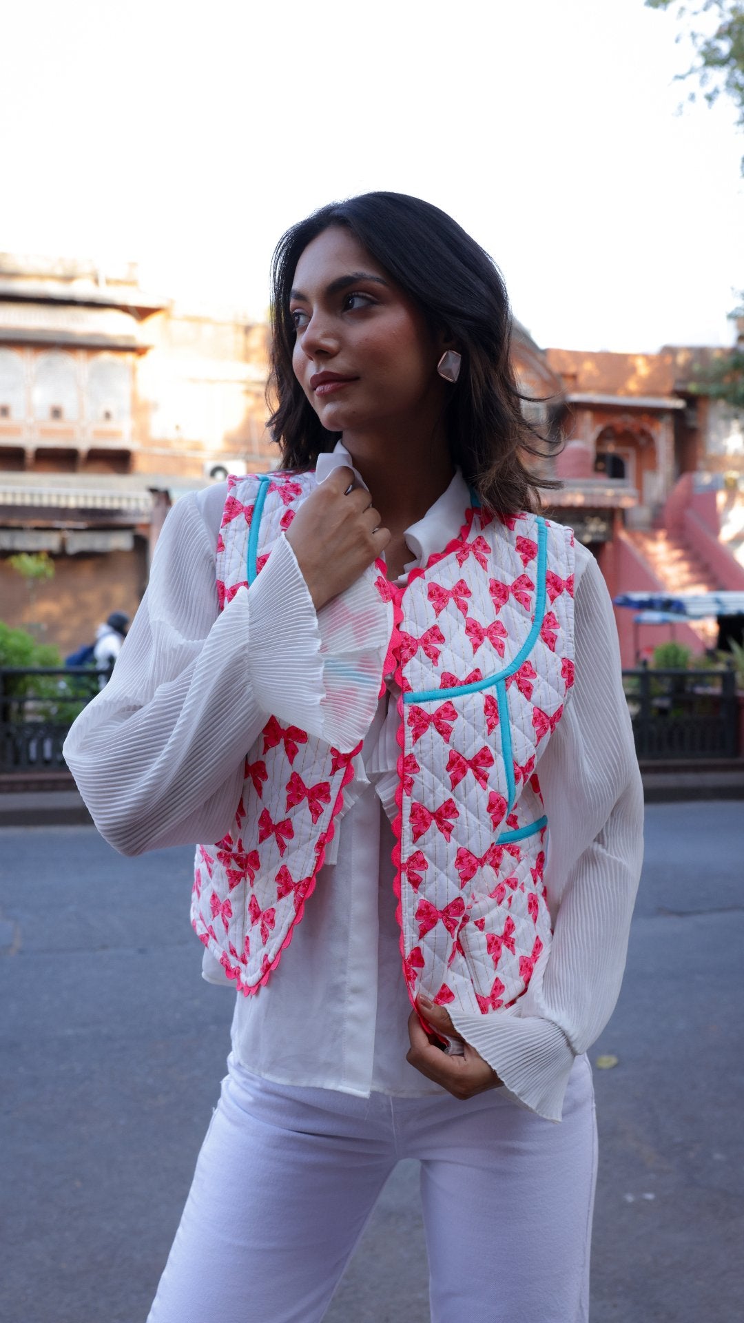 Quilted Waistcoat | Neon Pink Bows - Bombaby