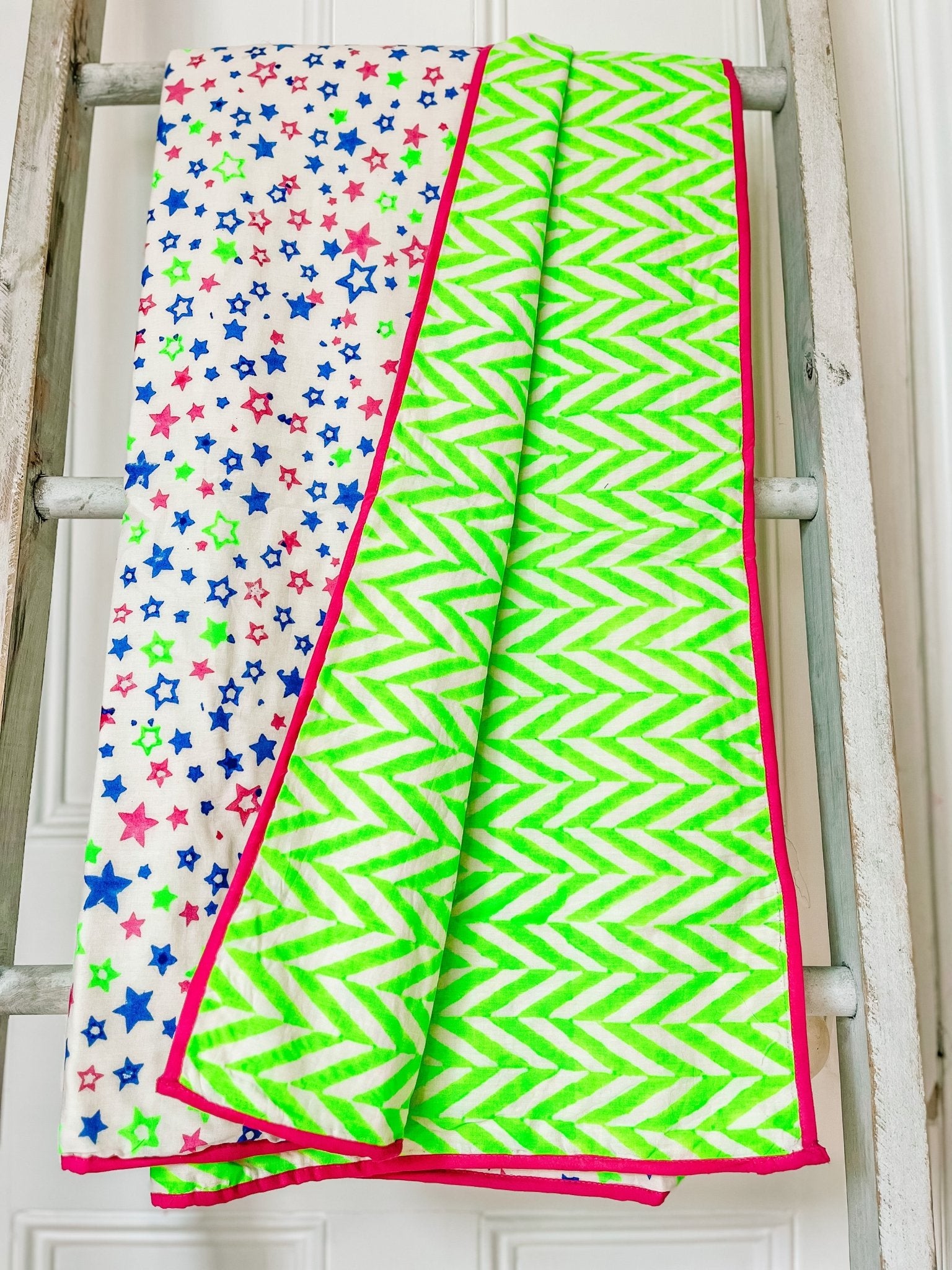 Handmade Block Print Blanket | Neon Stars - Bombaby