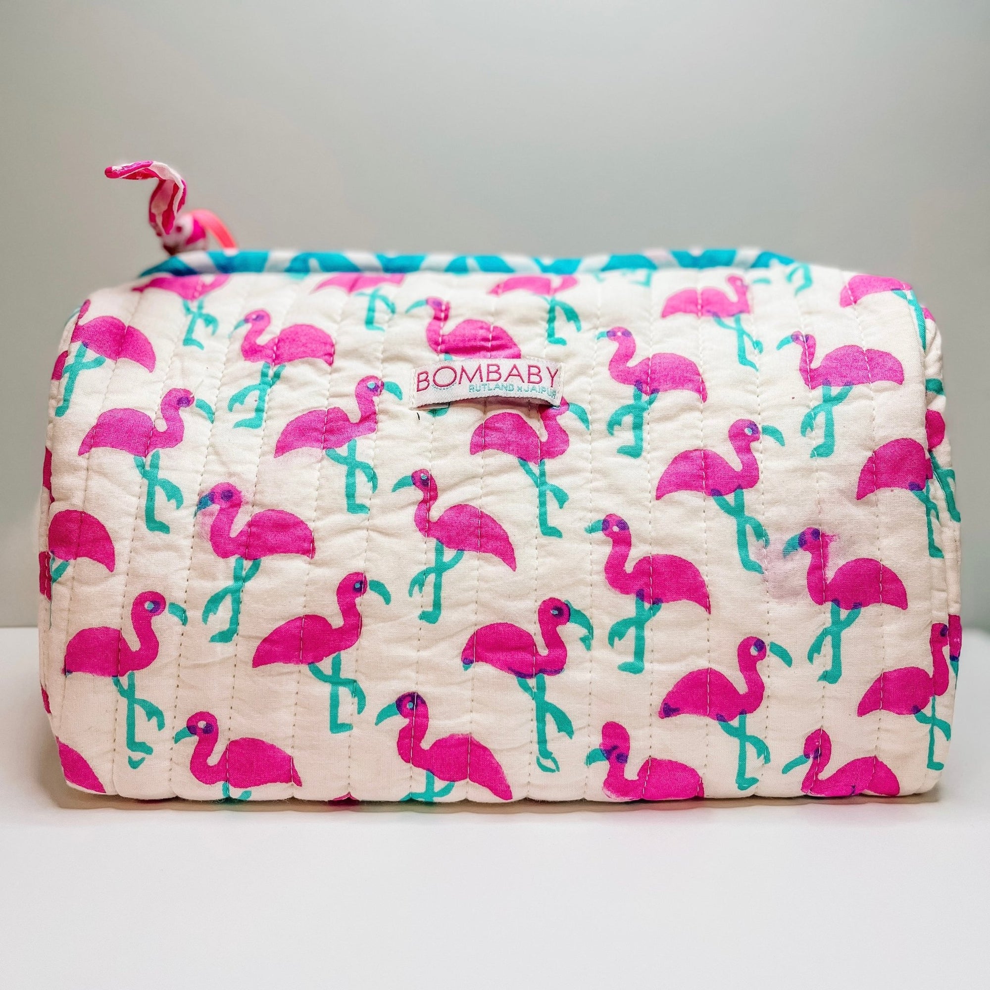 Handmade Block Print Quilted Wash Bag | Pink Flamingo - Bombaby