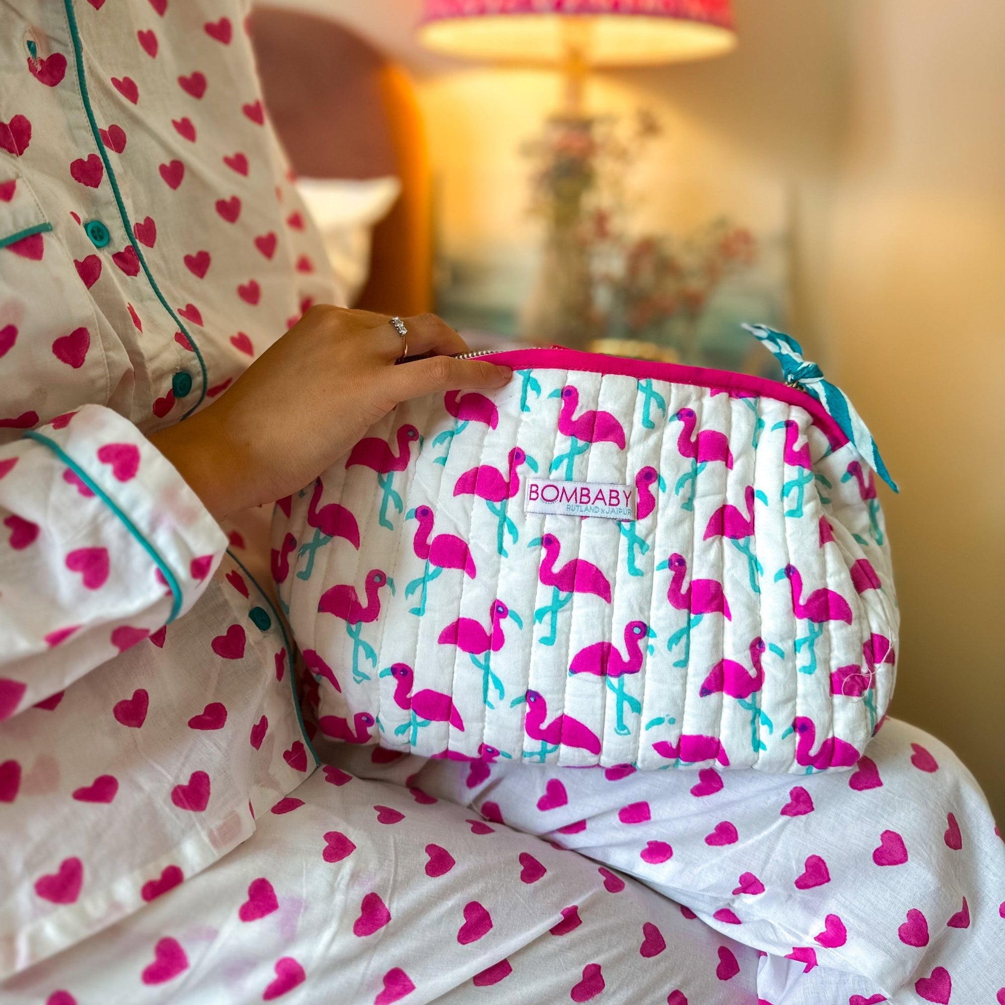 Handmade Block Print Quilted Wash Bag | Pink Flamingo - Bombaby