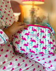 Handmade Block Print Quilted Wash Bag | Pink Flamingo - Bombaby