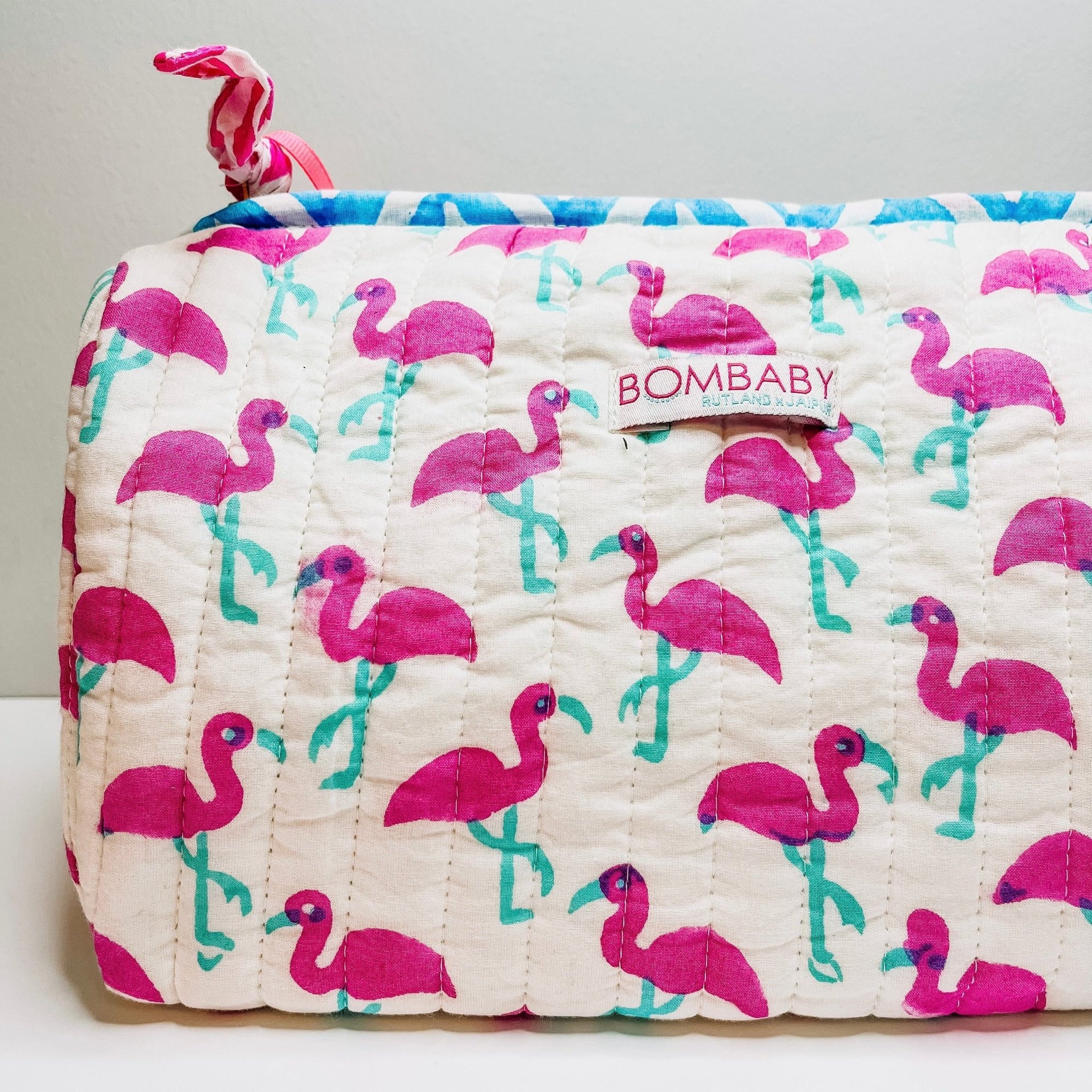 Handmade Block Print Quilted Wash Bag | Pink Flamingo - Bombaby