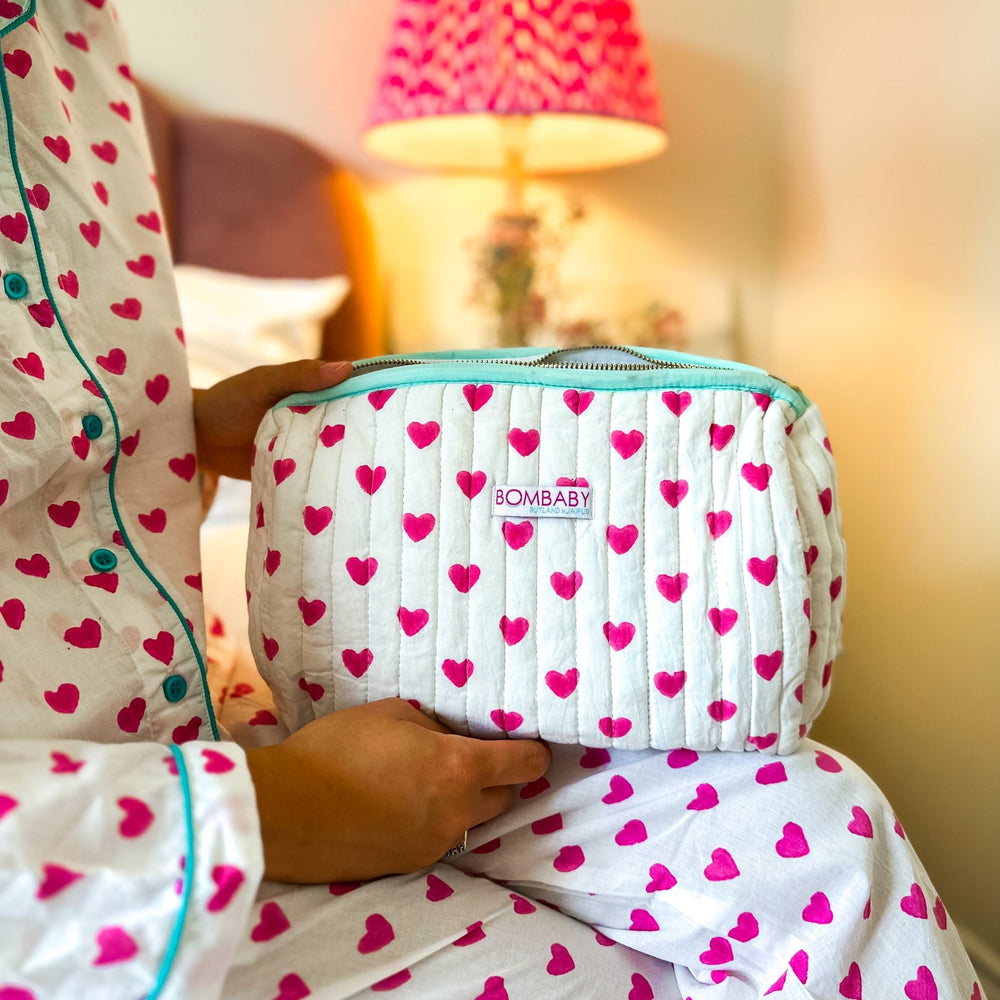 Handmade Block Print Quilted Wash Bag | Pink Hearts - Bombaby