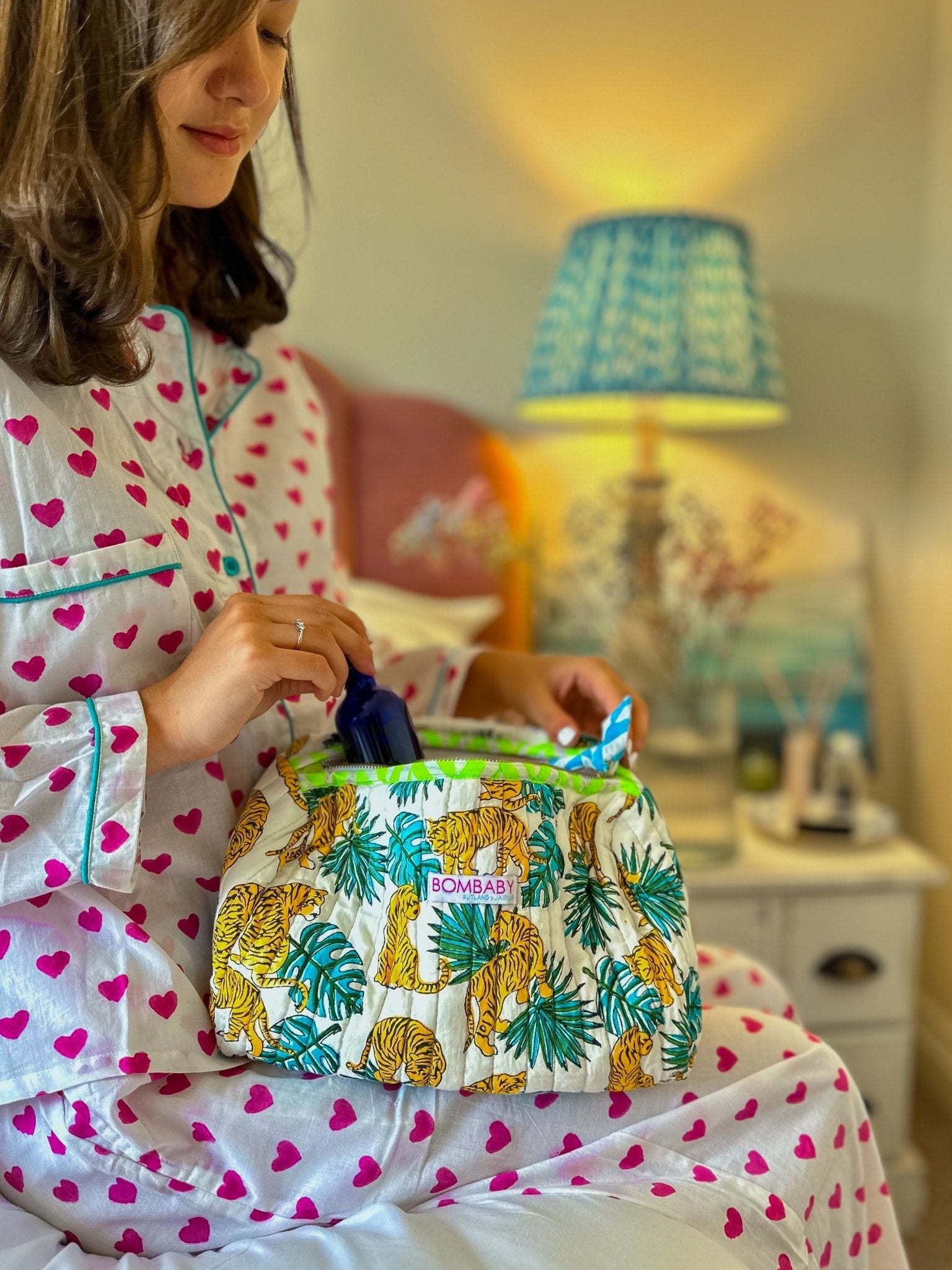 Handmade Block Print Quilted Wash Bag | Purple Tiger - Bombaby