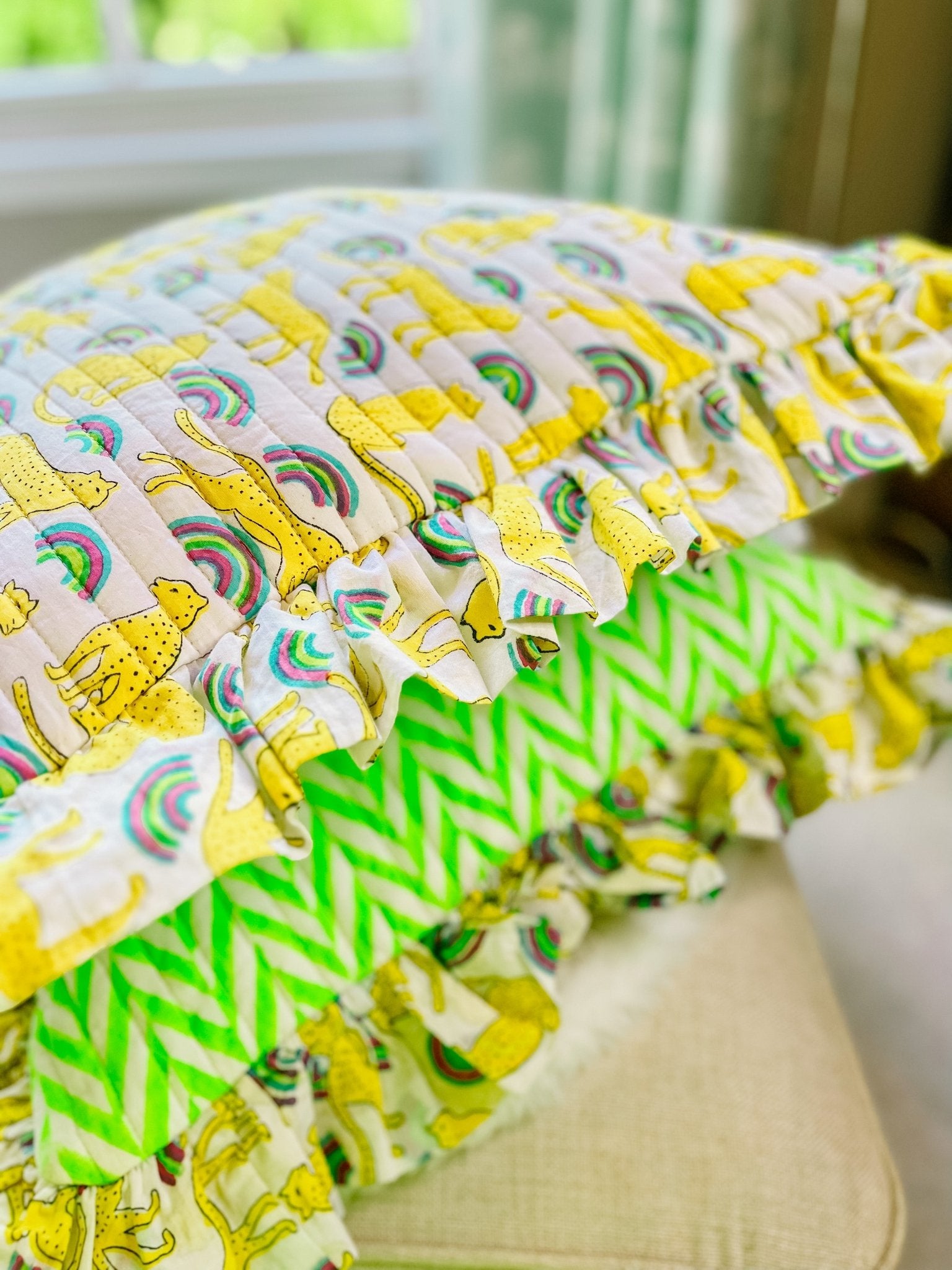 Handmade Quilted Ruffle Cushion | Neon Rainbow Leopard - Bombaby