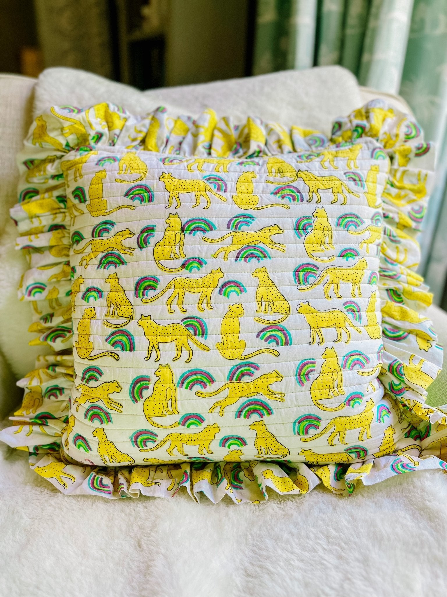 Handmade Quilted Ruffle Cushion | Neon Rainbow Leopard - Bombaby