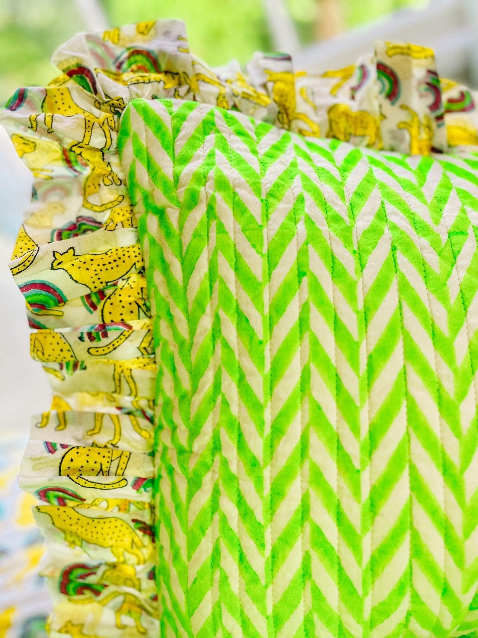 Handmade Quilted Ruffle Cushion | Neon Rainbow Leopard - Bombaby