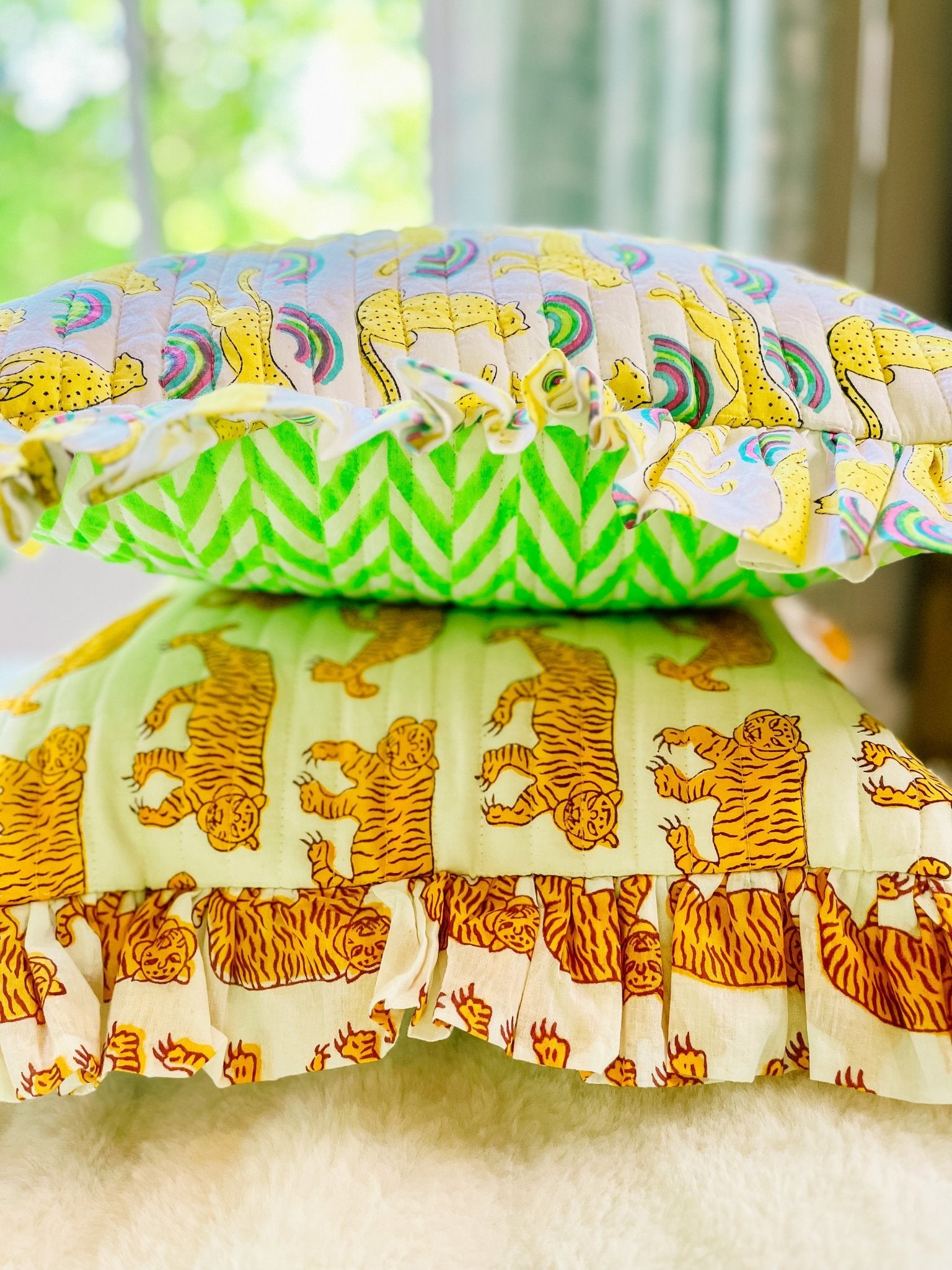 Handmade Quilted Ruffle Cushion | Neon Rainbow Leopard - Bombaby