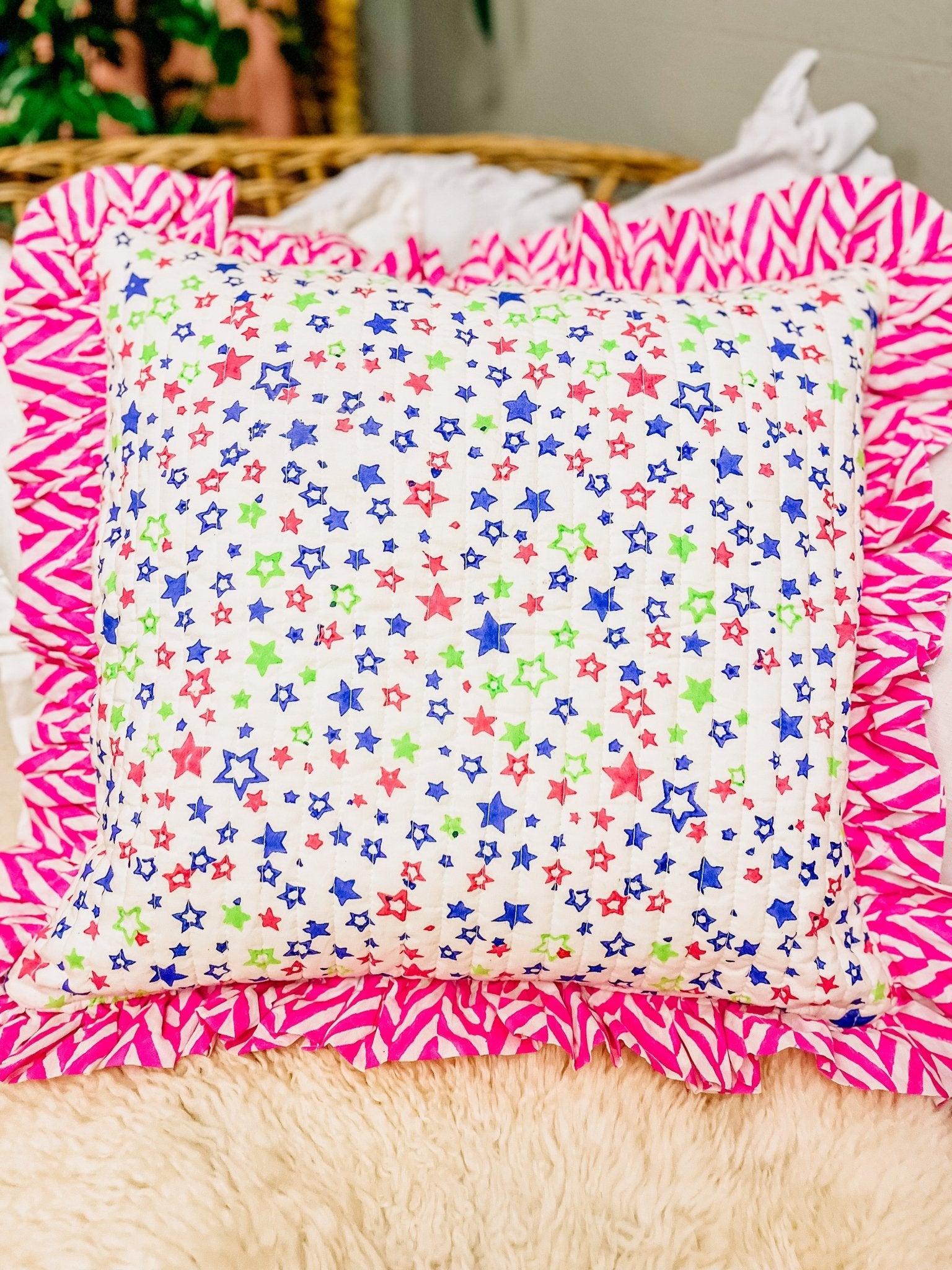 Handmade Quilted Ruffle Cushion | Neon Stars - Bombaby