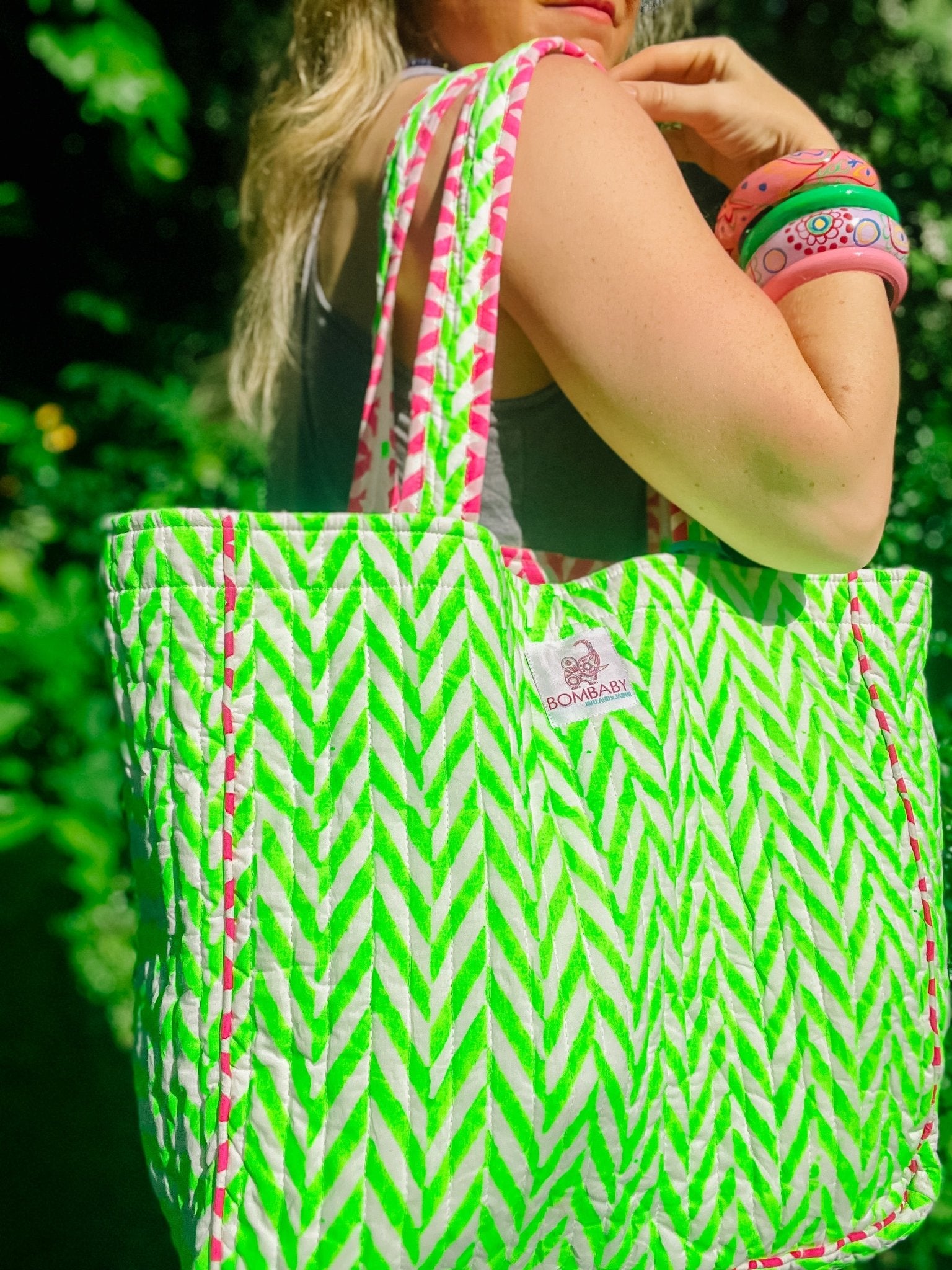 Handmade Block Print Neon Tote Bag Bombaby Bombaby