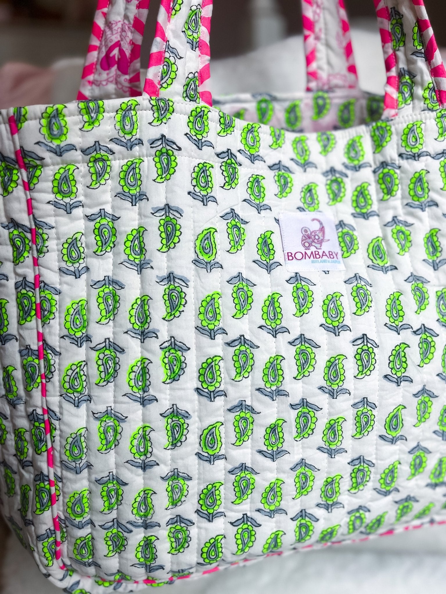 Handmade Quilted Tote Bag | Neon Paisley - Bombaby