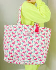 Handmade Reversible Quilted Tote Bag - Pink Flamingo - Bombaby