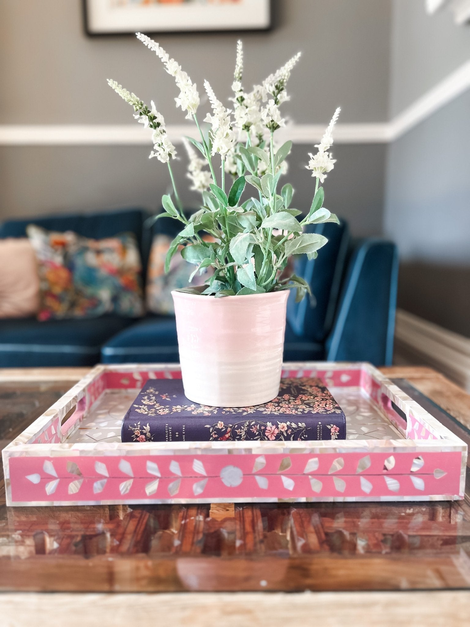 Mother of Pearl Inlay Tray | Pink &amp; Grey - Bombaby